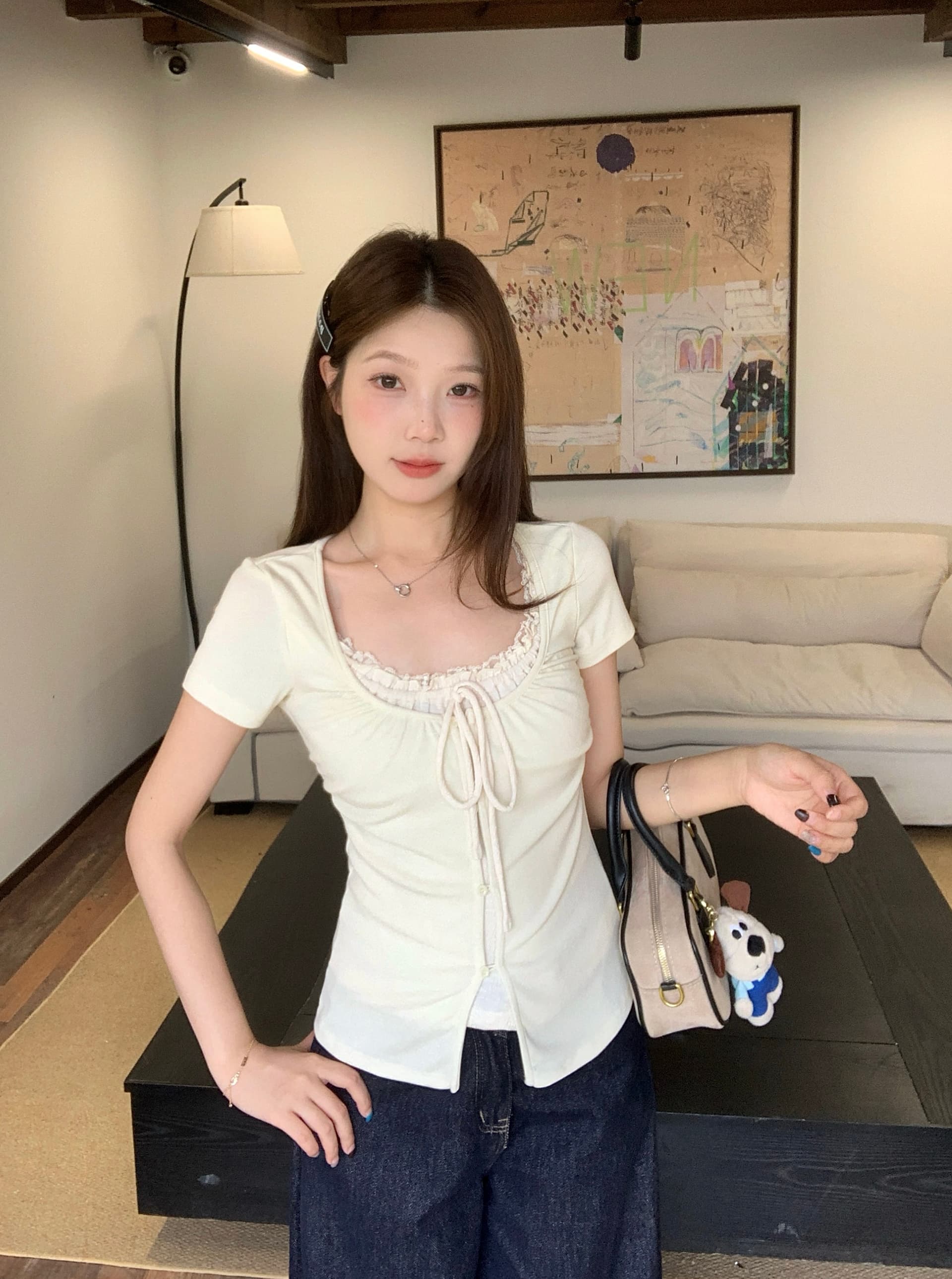 실사 빅 사이즈 지방 mm 한 부서 순수한 욕망 달콤한 핫걸 주름 허리 수축 페이크 레이어드 반팔 슬림해 보이는 다용도 맨위 상세 이미지 4