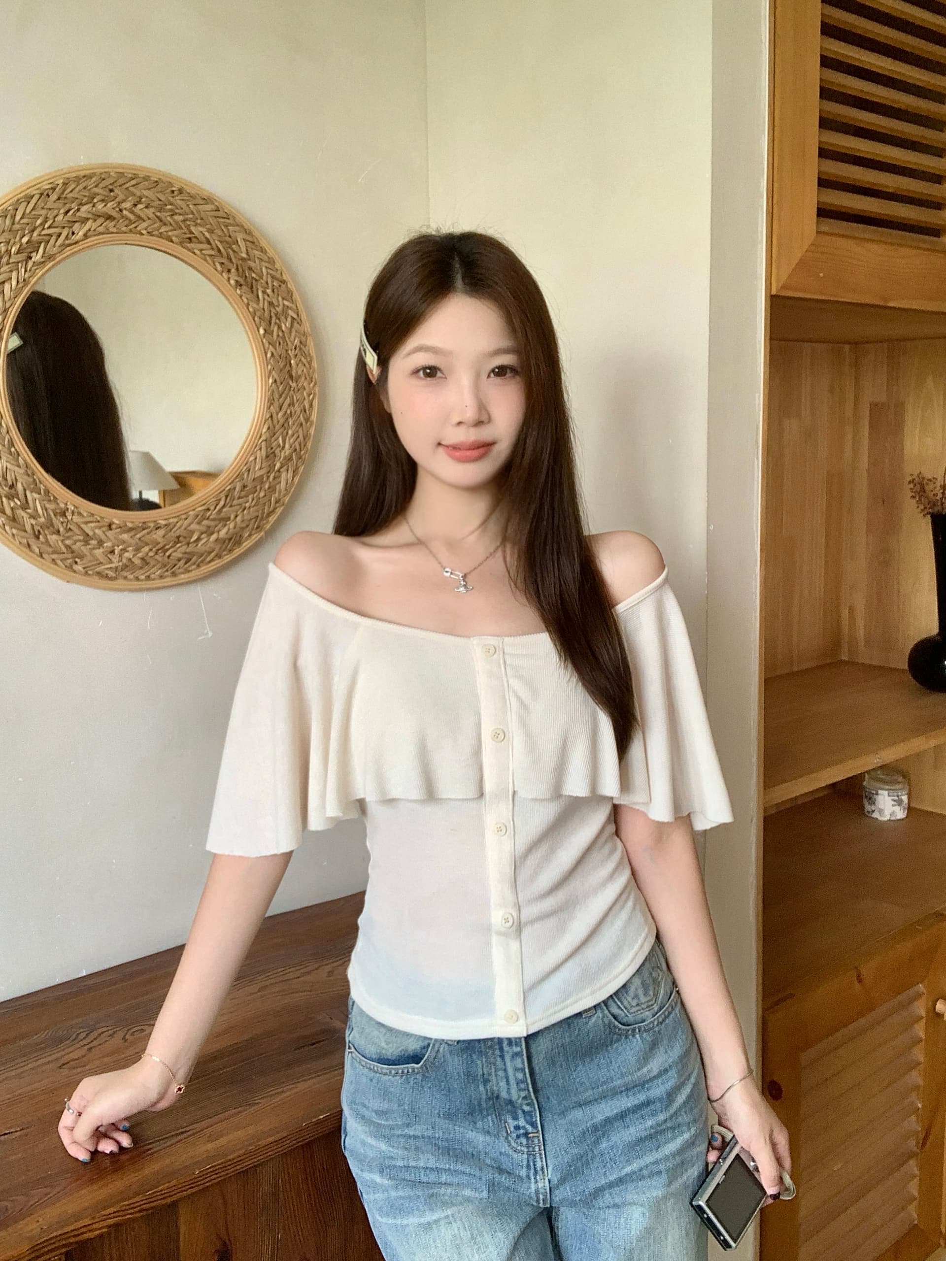 실사 빅 사이즈 여성 의류 여름 부드러운 바람 프릴 반팔 티셔츠 광장 칼라 허리 수축 슬림해 보이는 오프숄더 맨위 상세 이미지 3