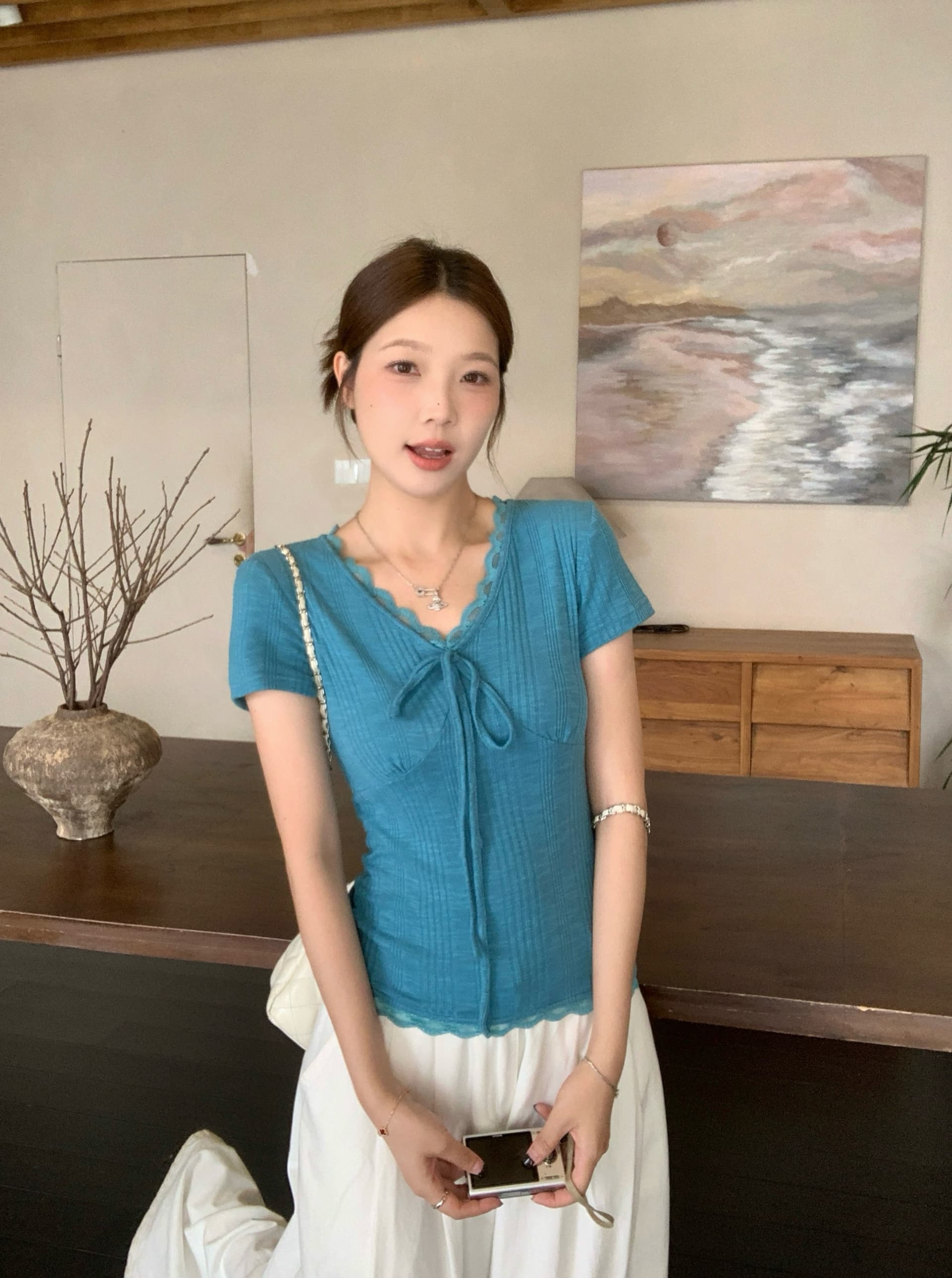실사 빅 사이즈 지방 mm 여름 새로운 한 부서 파란색 V넥 레이스 레이스 반팔 티셔츠 몸매 가꾸기 슬림해 보이는 맨위 상세 이미지 7