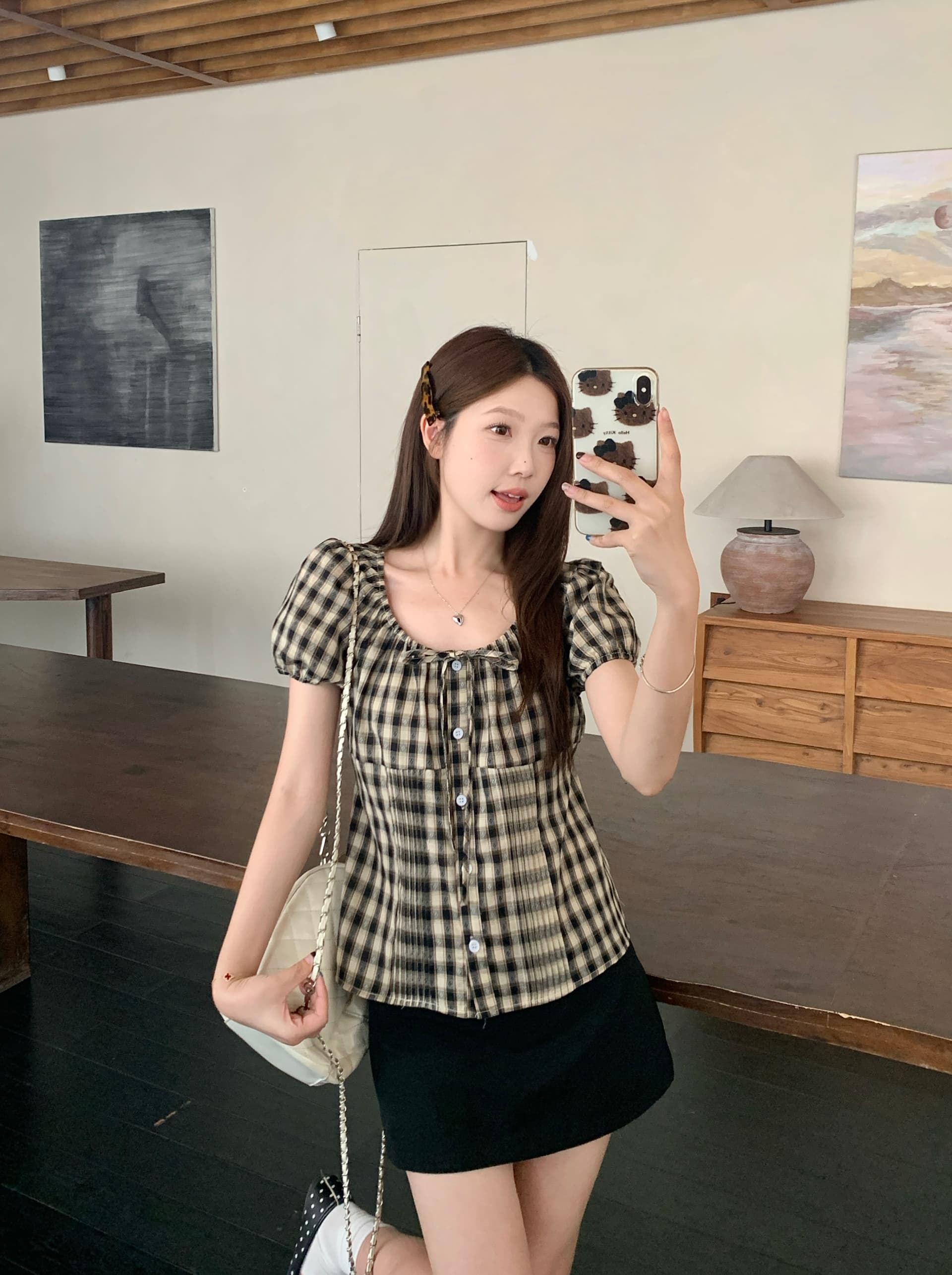 실사 빅 사이즈 여름 새로운 한 부서 레트로 체크무늬 주름 V넥 Chic 반팔 허리 수축 스트랩 달콤한 매운맛 셔츠 상세 이미지 7