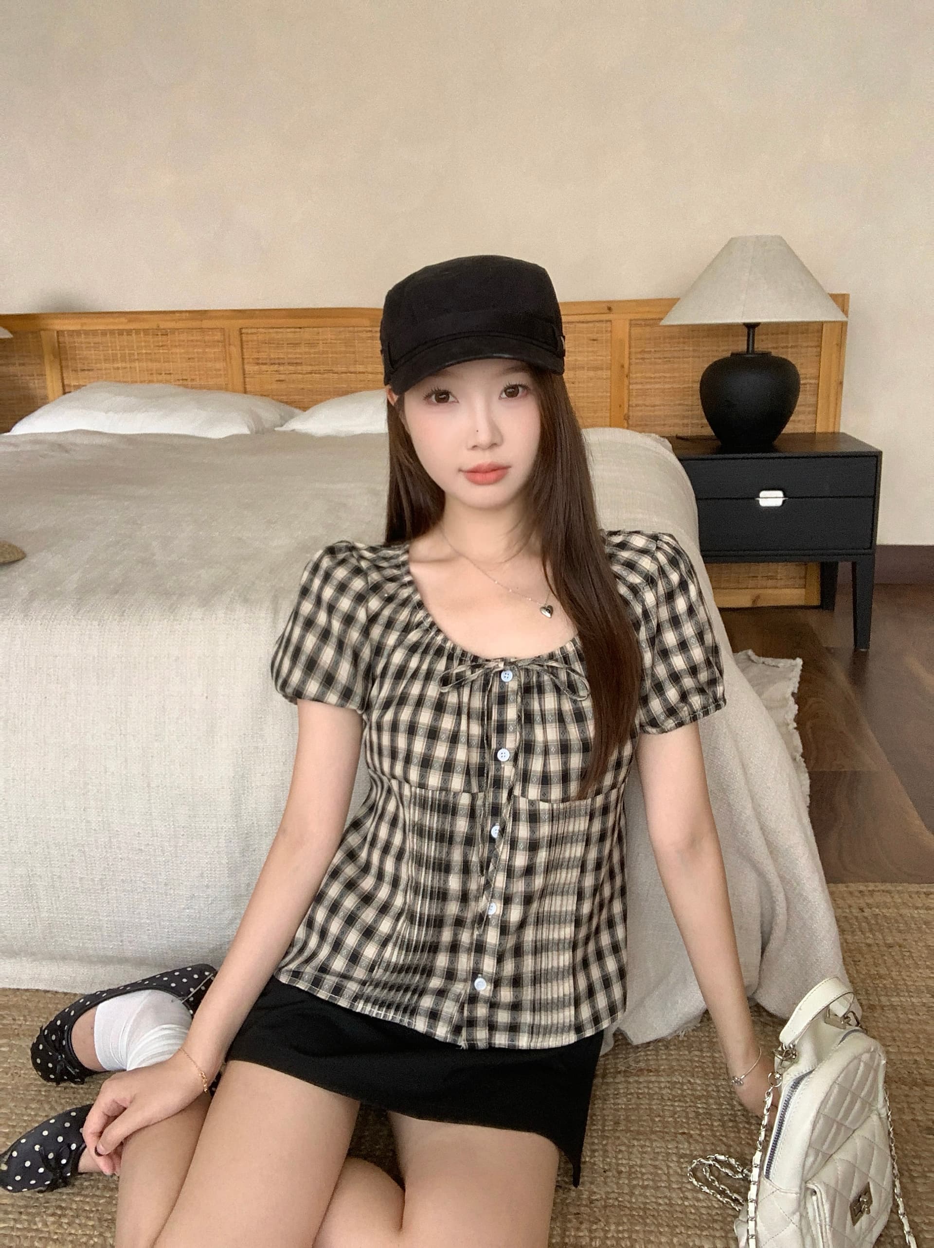 실사 빅 사이즈 여름 새로운 한 부서 레트로 체크무늬 주름 V넥 Chic 반팔 허리 수축 스트랩 달콤한 매운맛 셔츠 상세 이미지 8