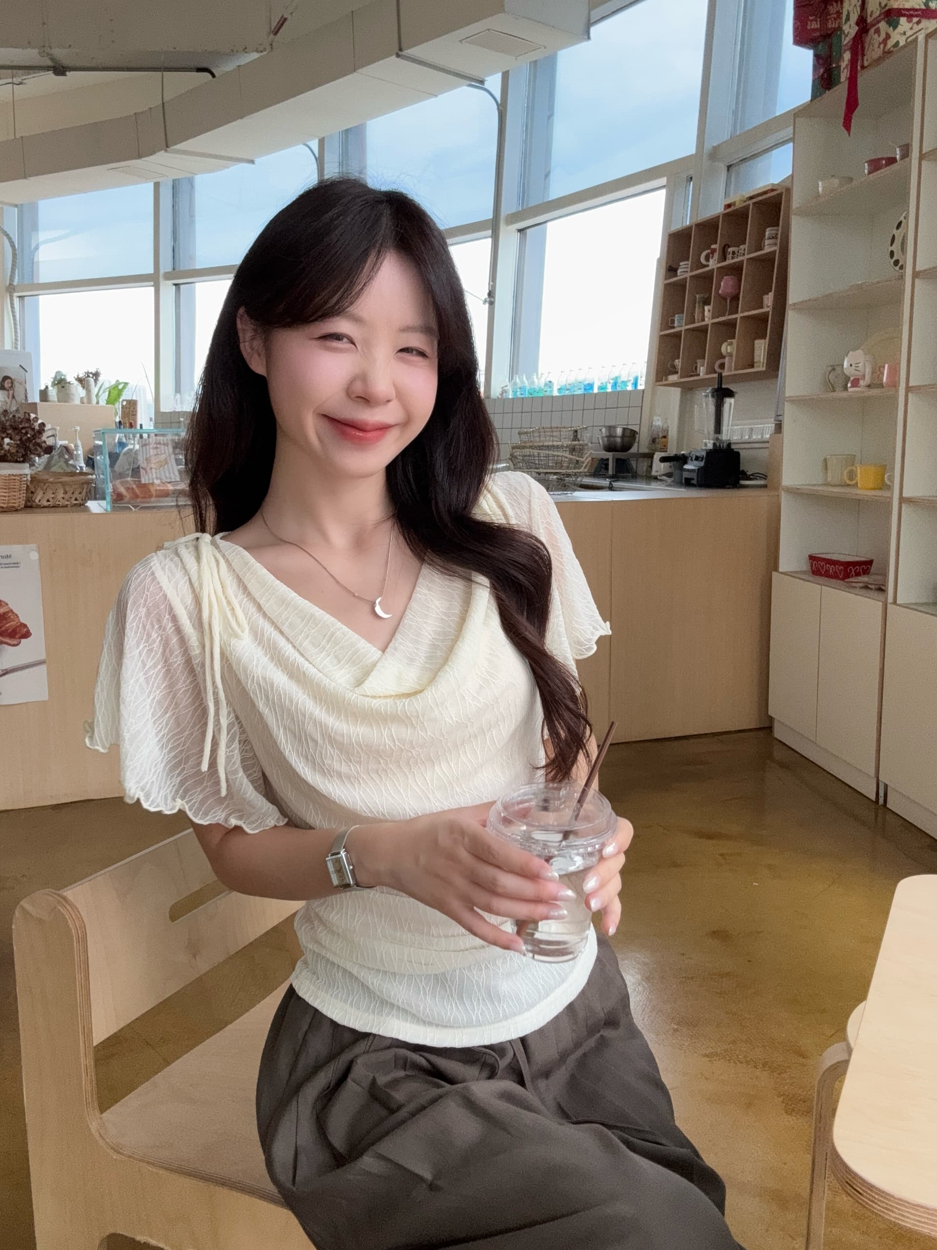 실사 빅 사이즈 한 부서 순수한 욕망 흔들다 칼라 반팔 티셔츠 여름 새로운 주름 질감 센스 허리 수축 아름다운 맨위 상세 이미지 10
