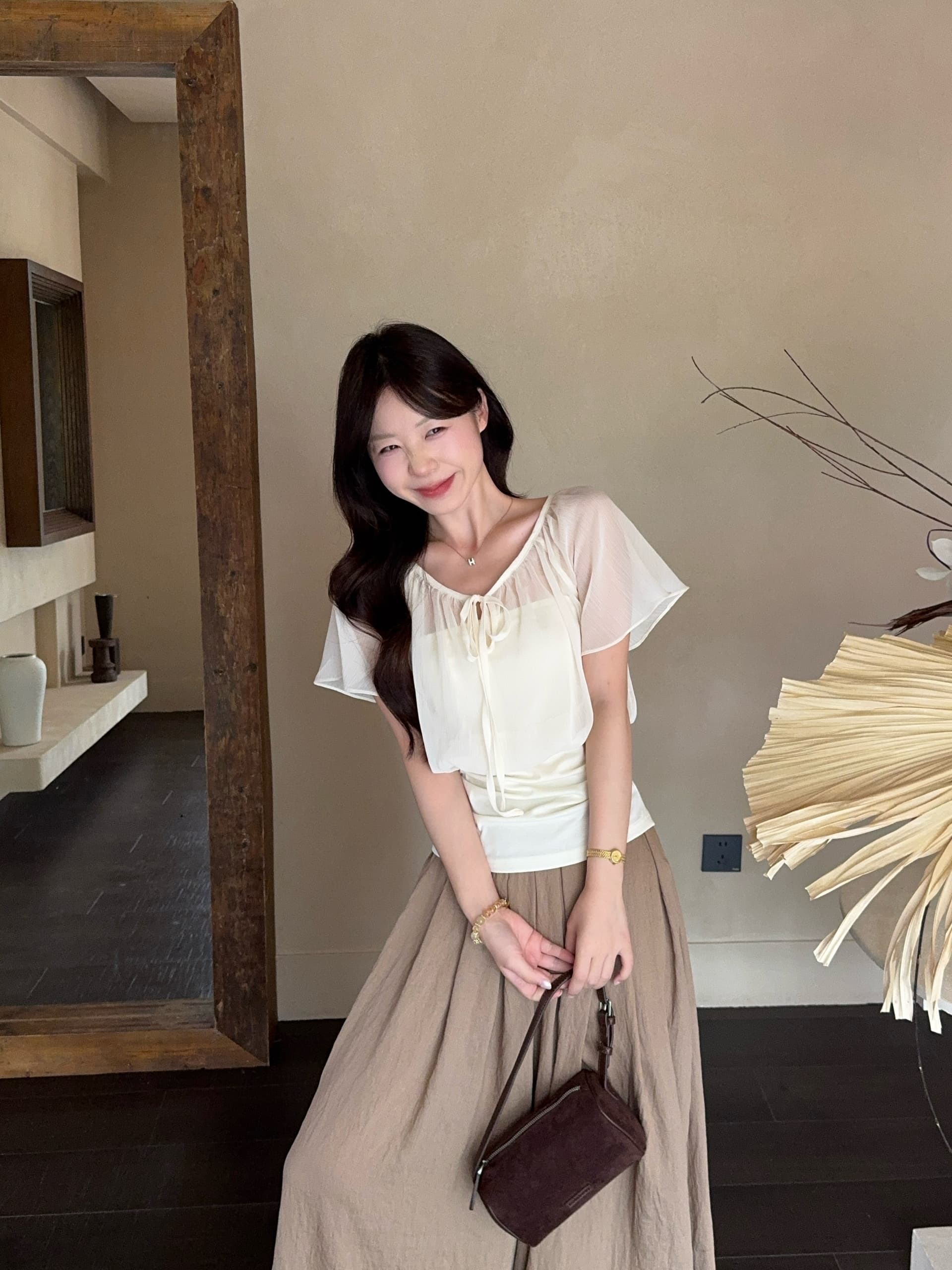 실사 빅 사이즈 지방 mm 한 부서 페이크 레이어드 패치워크 레이스업 V넥 연꽃 잎 소매 셔츠 허리 수축 슬림해 보이는 맨위 상세 이미지 7