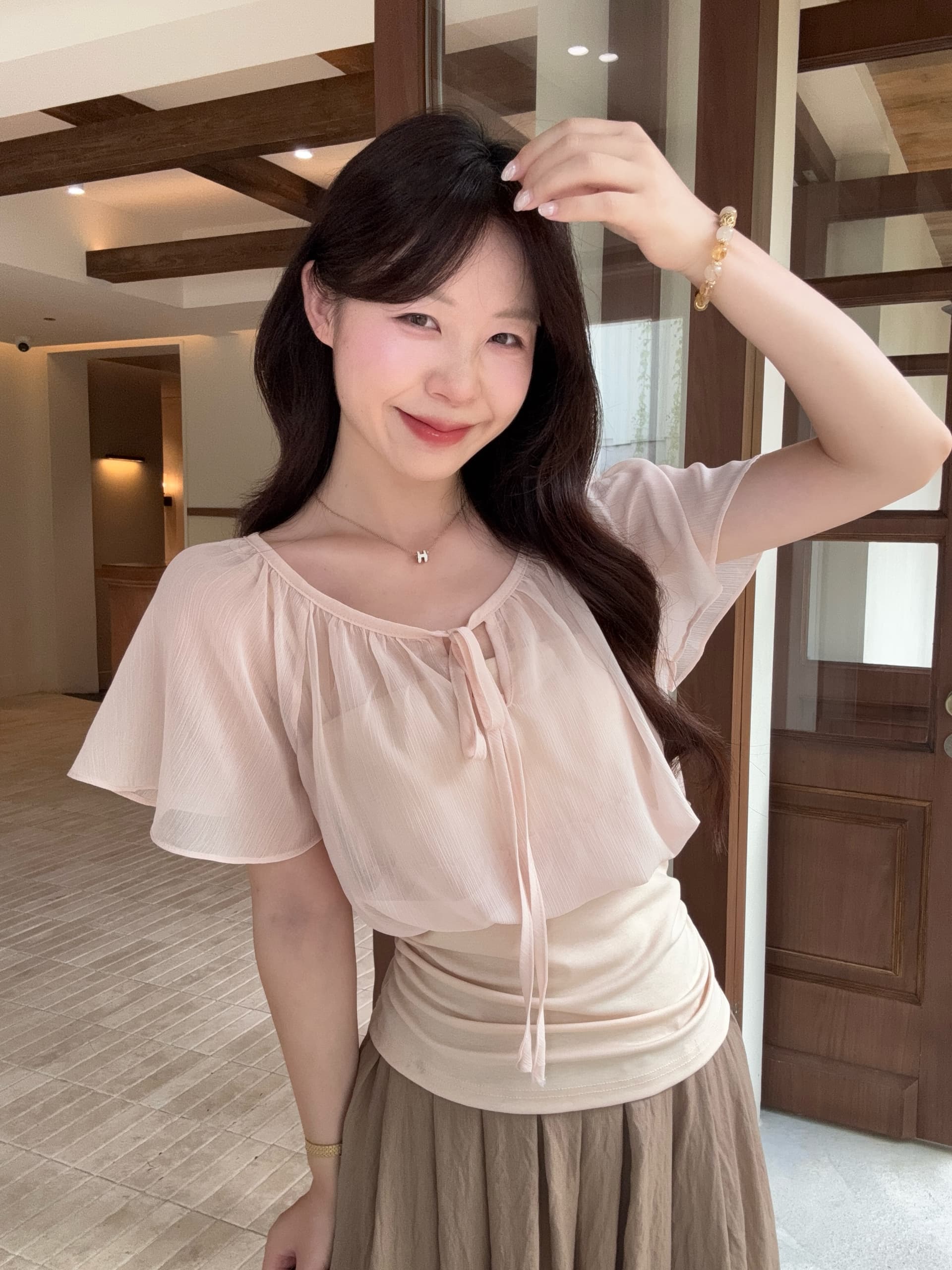 실사 빅 사이즈 지방 mm 한 부서 페이크 레이어드 패치워크 레이스업 V넥 연꽃 잎 소매 셔츠 허리 수축 슬림해 보이는 맨위 상세 이미지 10
