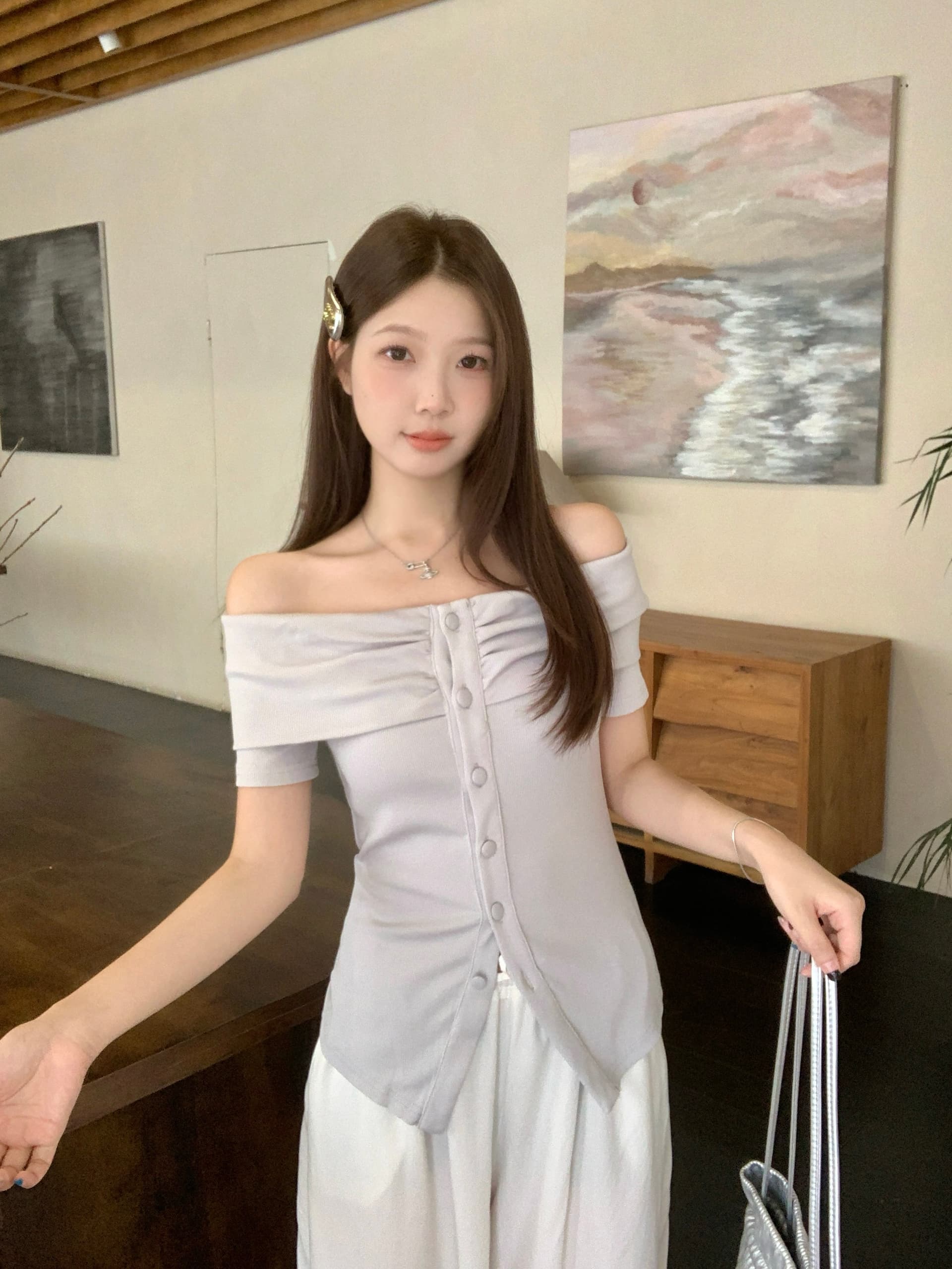 실사 빅 사이즈 여름 새로운 핫걸 바람 작은 대중 오프숄더 순수한 욕망 주름 맨위 몸매 가꾸기 슬림해 보이는 맨위 이미지 3