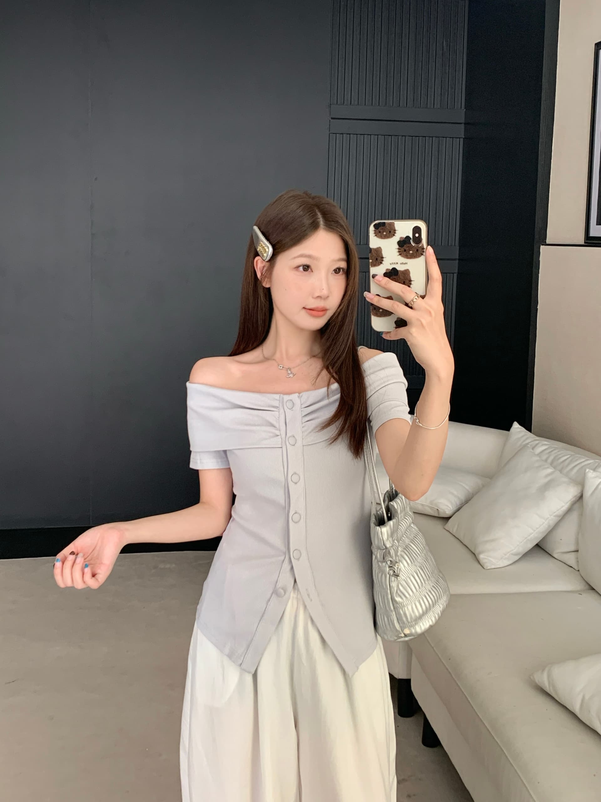 실사 빅 사이즈 여름 새로운 핫걸 바람 작은 대중 오프숄더 순수한 욕망 주름 맨위 몸매 가꾸기 슬림해 보이는 맨위 상세 이미지 7