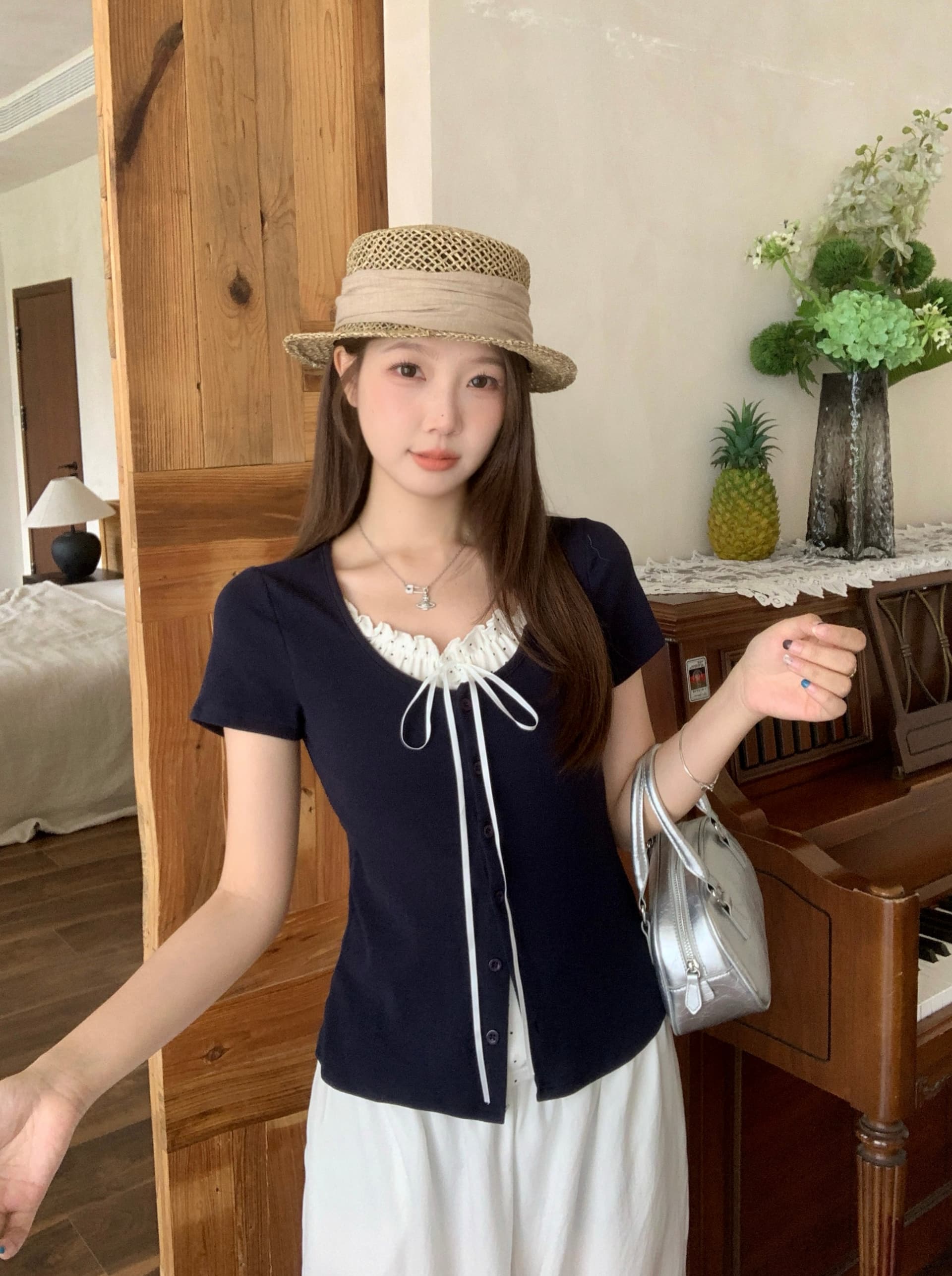 실사 빅 사이즈 지방 mm 한 부서 페이크 레이어드 레이스 조각 도트 무늬 반팔 다양한 착용 법 몸매 가꾸기 슬림해 보이는 맨위 상세 이미지 11