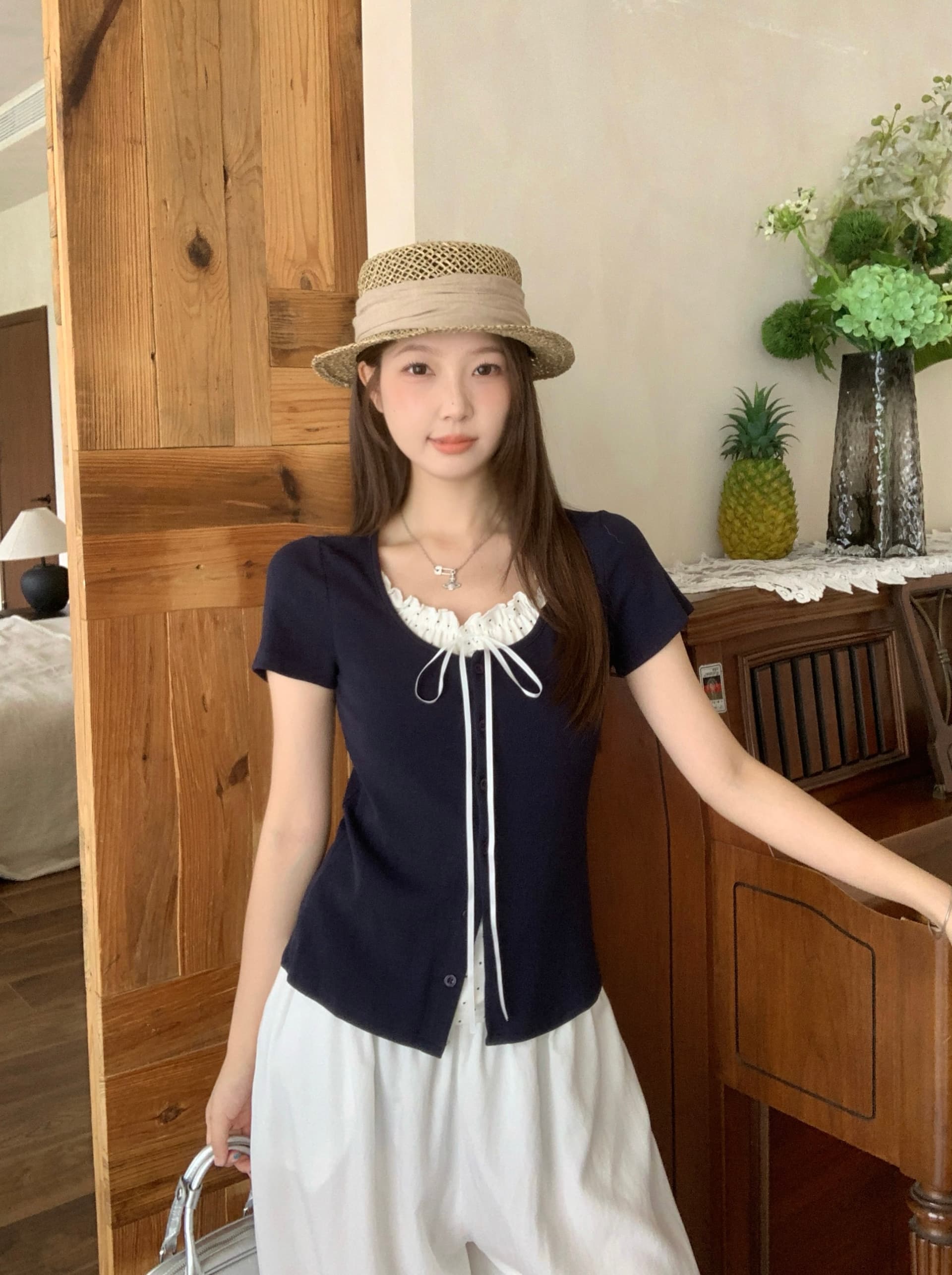 실사 빅 사이즈 지방 mm 한 부서 페이크 레이어드 레이스 조각 도트 무늬 반팔 다양한 착용 법 몸매 가꾸기 슬림해 보이는 맨위 상세 이미지 12