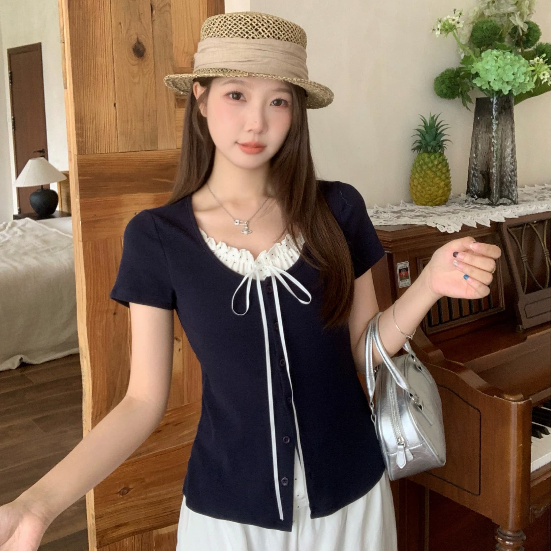 실사 빅 사이즈 지방 mm 한 부서 페이크 레이어드 레이스 조각 도트 무늬 반팔 다양한 착용 법 몸매 가꾸기 슬림해 보이는 맨위 이미지 5