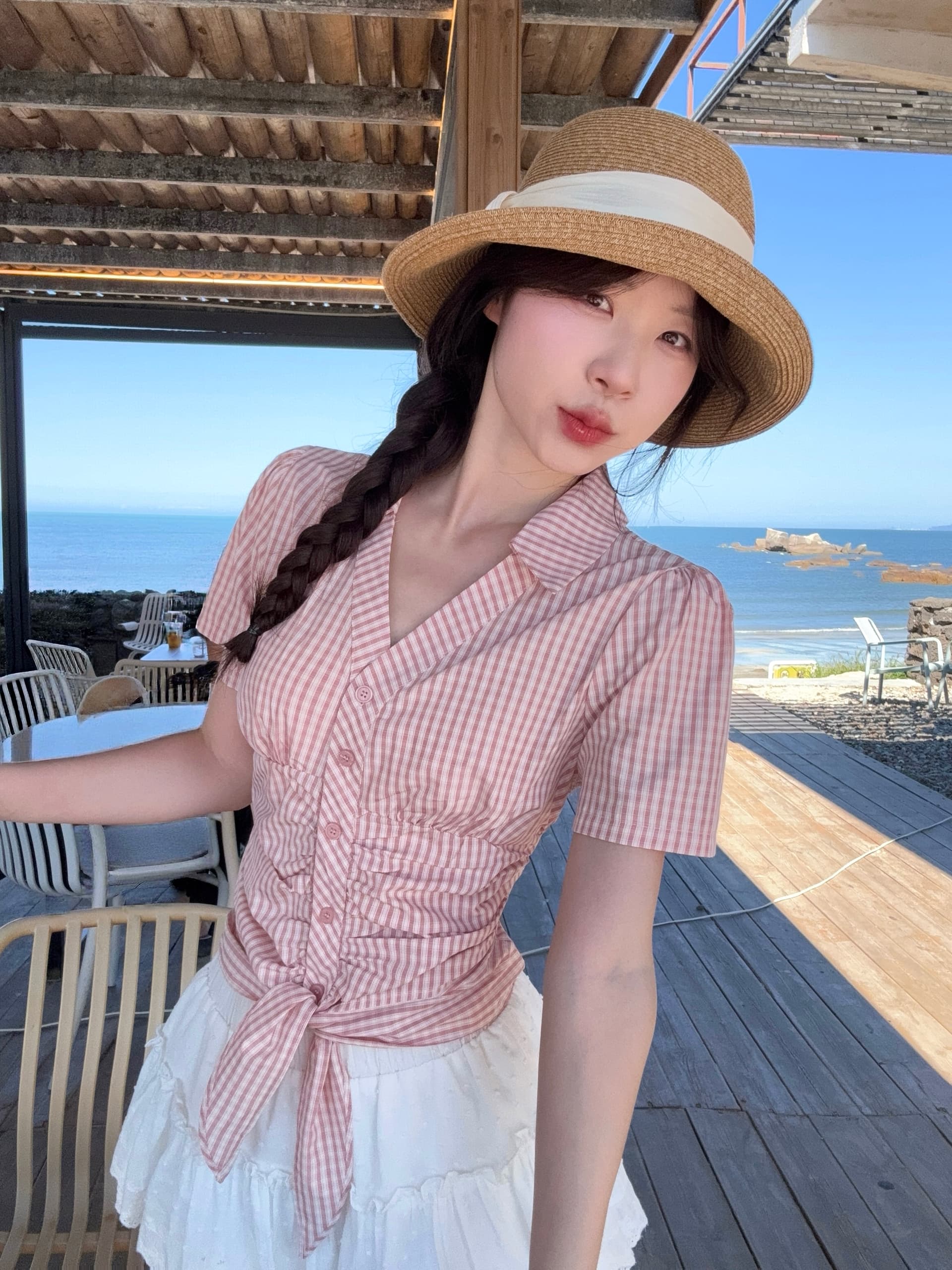 실사 빅 사이즈 한 부서 달콤한 매운맛 센스 스트랩 허리 수축 체크무늬 V 넥 셔츠 몸매 가꾸기 슬림해 보이는 쇼트 스타일 맨위 상세 이미지 4