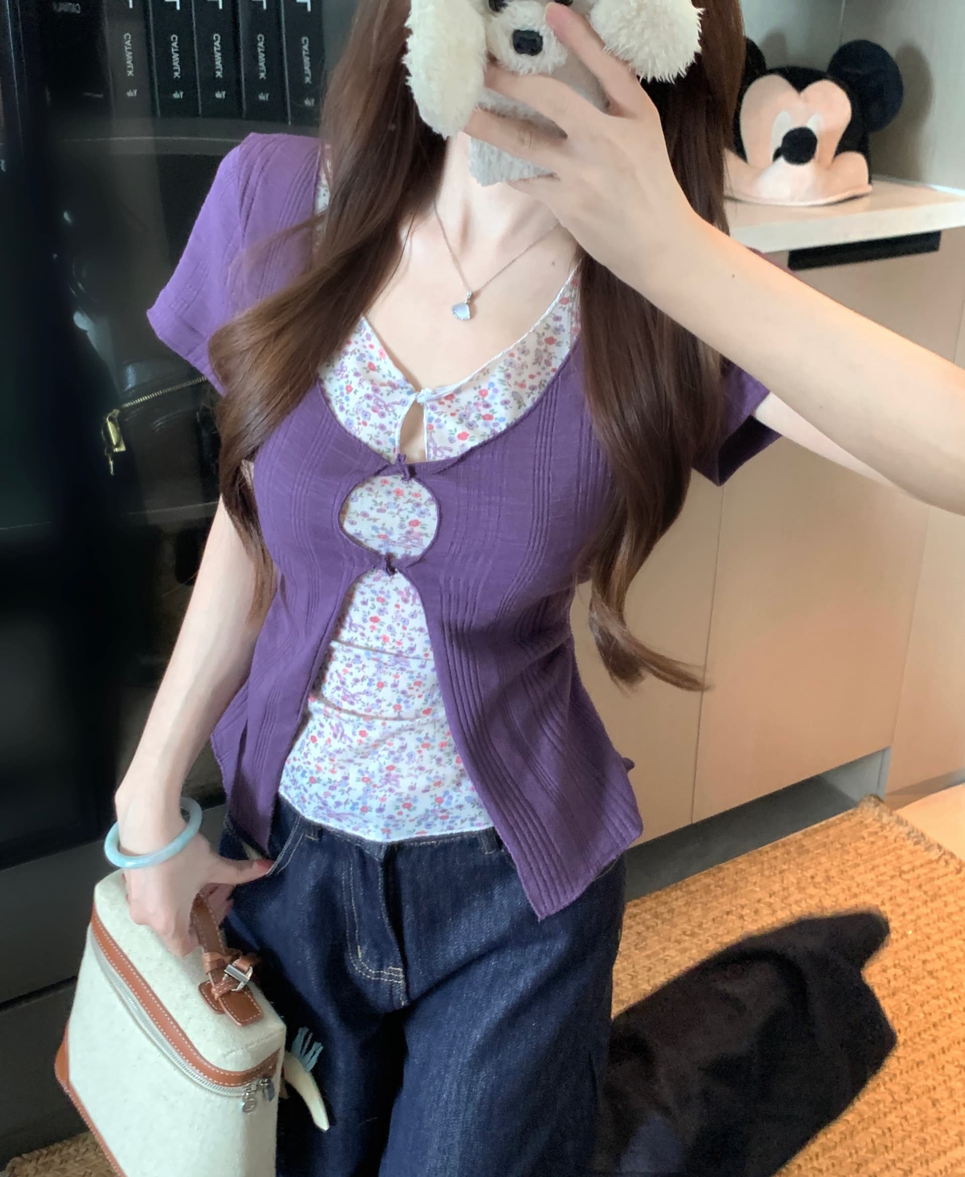 실사 빅 사이즈 여름 새로운 보라색 페이크 레이어드 꽃무늬 반팔 티셔츠 고급 센스 고유 한 아름다운 작은 맨위 상세 이미지 4
