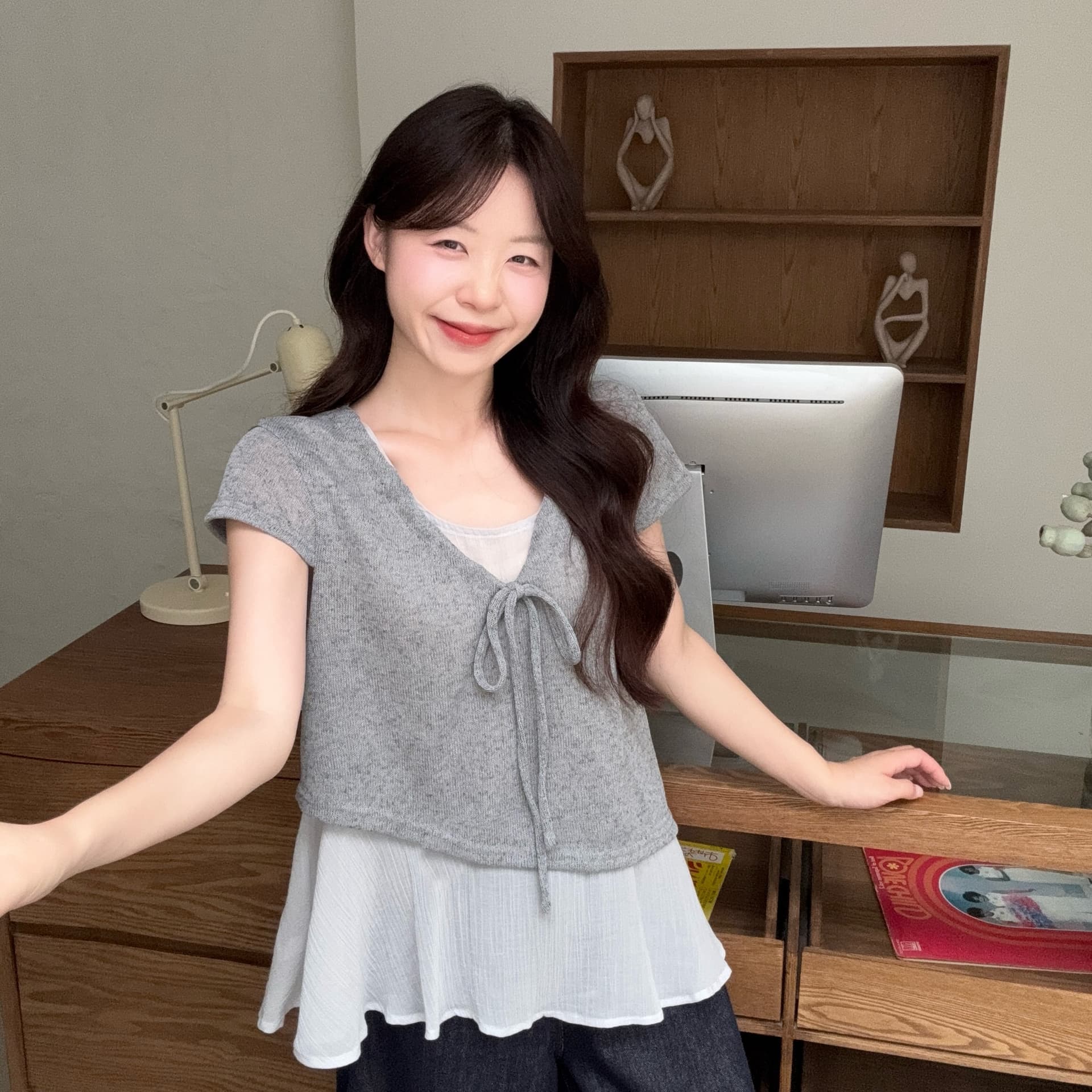 실사 빅 사이즈 한 부서 느긋한 바람 페이크 레이어드 패치워크 V넥 레이스업 반팔 티셔츠 품격 미니멀리즘 맨위 이미지 5