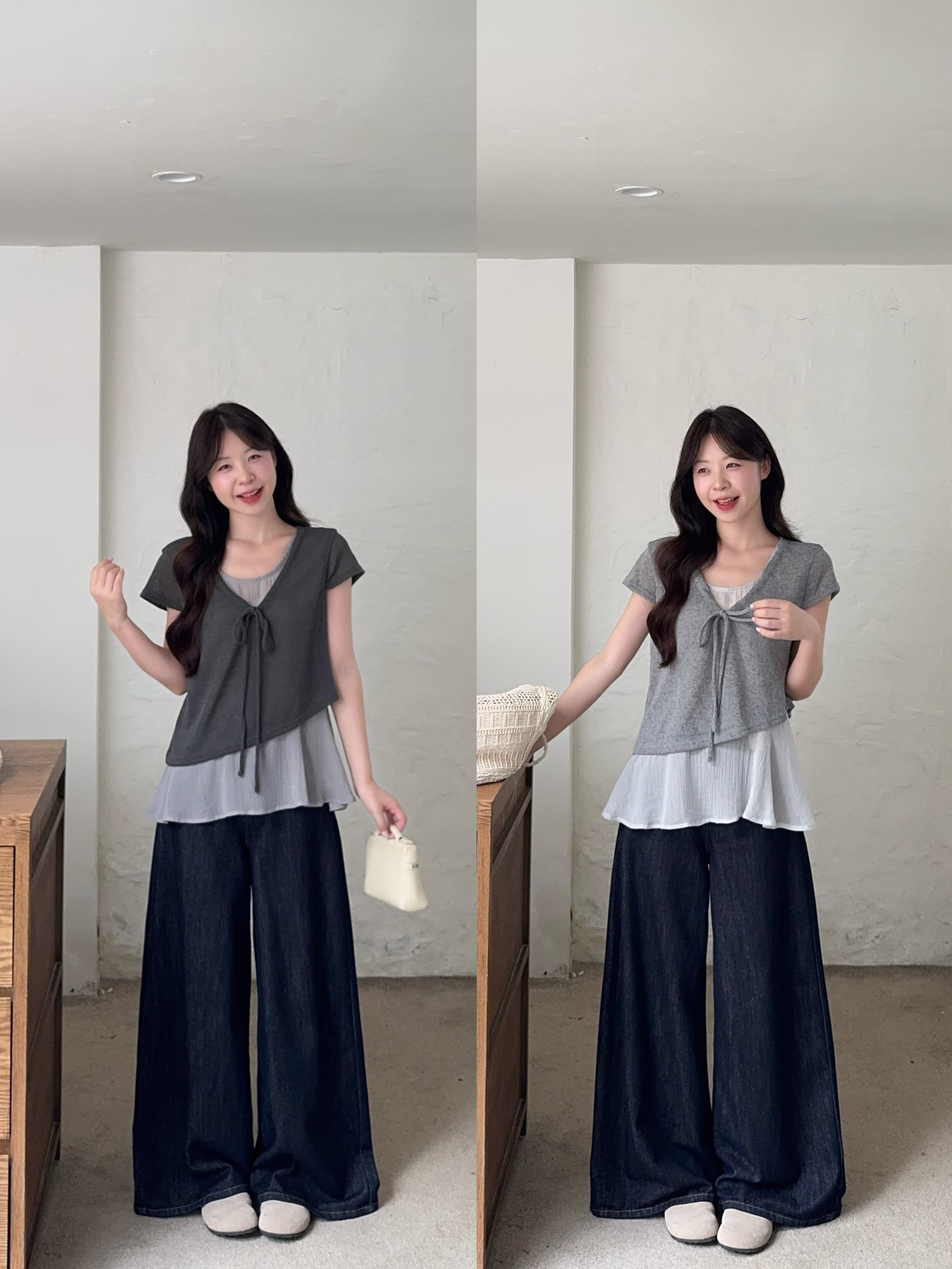 실사 빅 사이즈 한 부서 느긋한 바람 페이크 레이어드 패치워크 V넥 레이스업 반팔 티셔츠 품격 미니멀리즘 맨위 상세 이미지 4