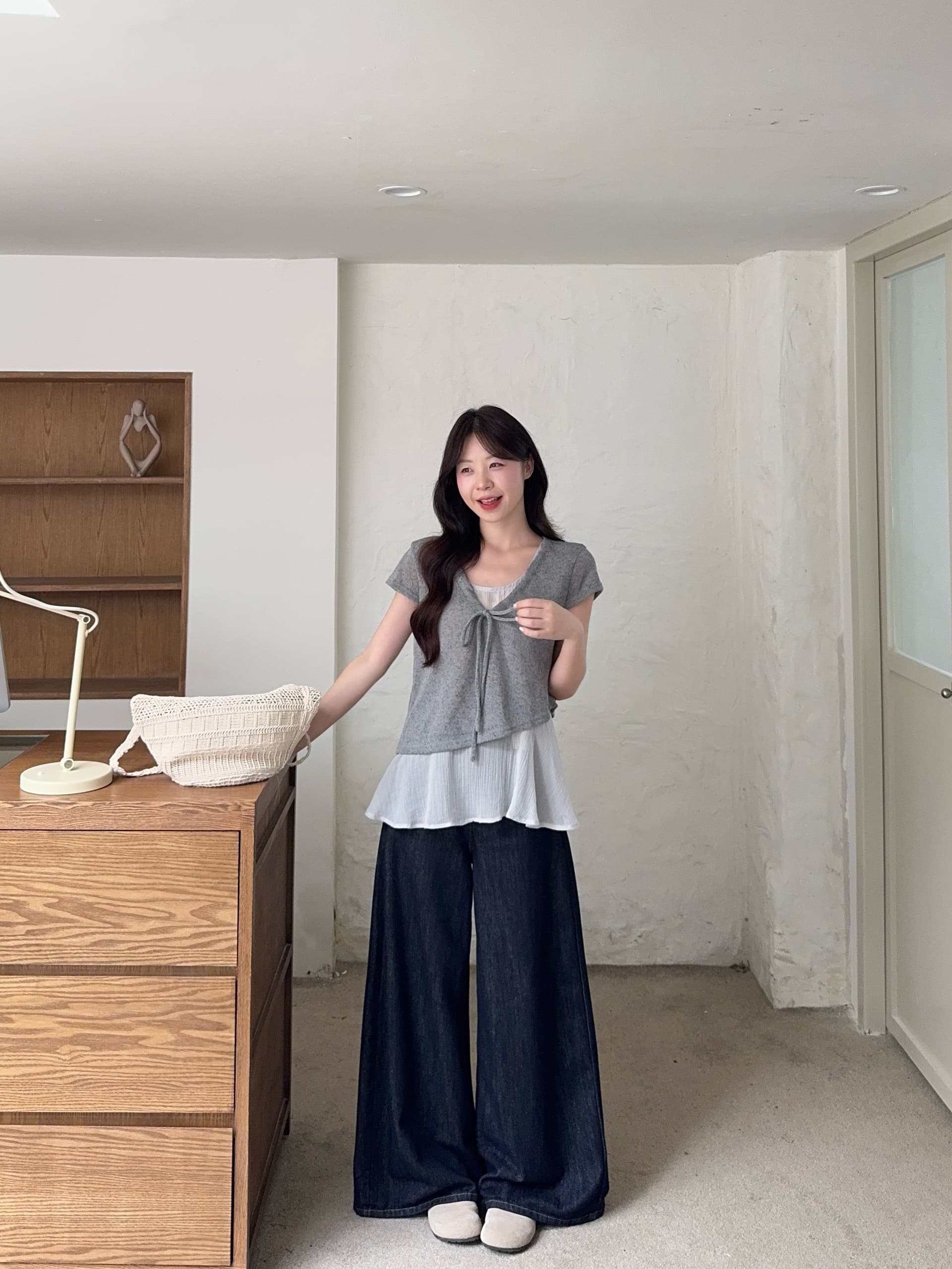 실사 빅 사이즈 한 부서 느긋한 바람 페이크 레이어드 패치워크 V넥 레이스업 반팔 티셔츠 품격 미니멀리즘 맨위 상세 이미지 9
