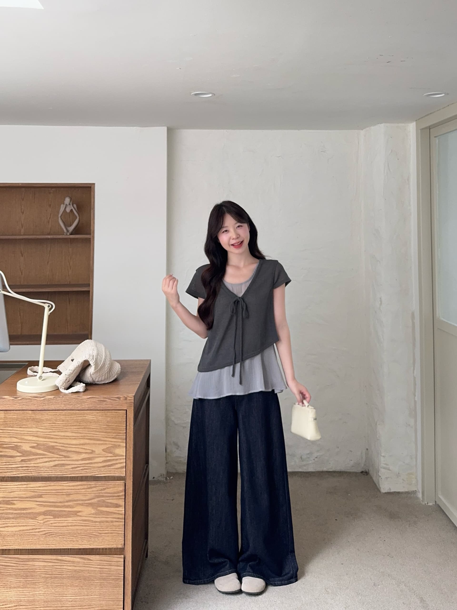 실사 빅 사이즈 한 부서 느긋한 바람 페이크 레이어드 패치워크 V넥 레이스업 반팔 티셔츠 품격 미니멀리즘 맨위 상세 이미지 10