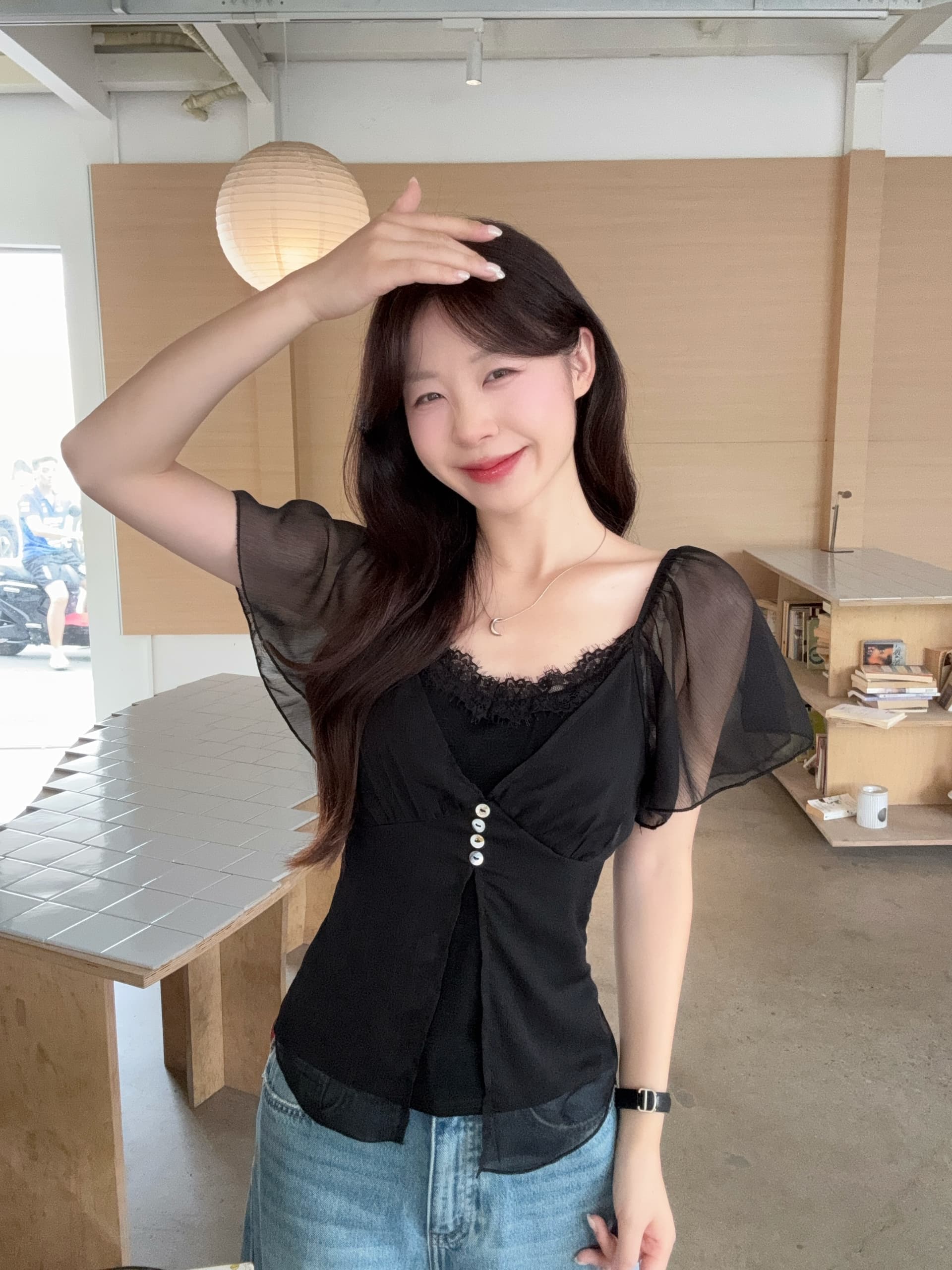 실사 빅 사이즈 여름 프랑스식 부드러운 분위기 센스 페이크 레이어드 레이스 망사 패치워크 작은 셔츠 몸매 가꾸기 맨위 이미지 3