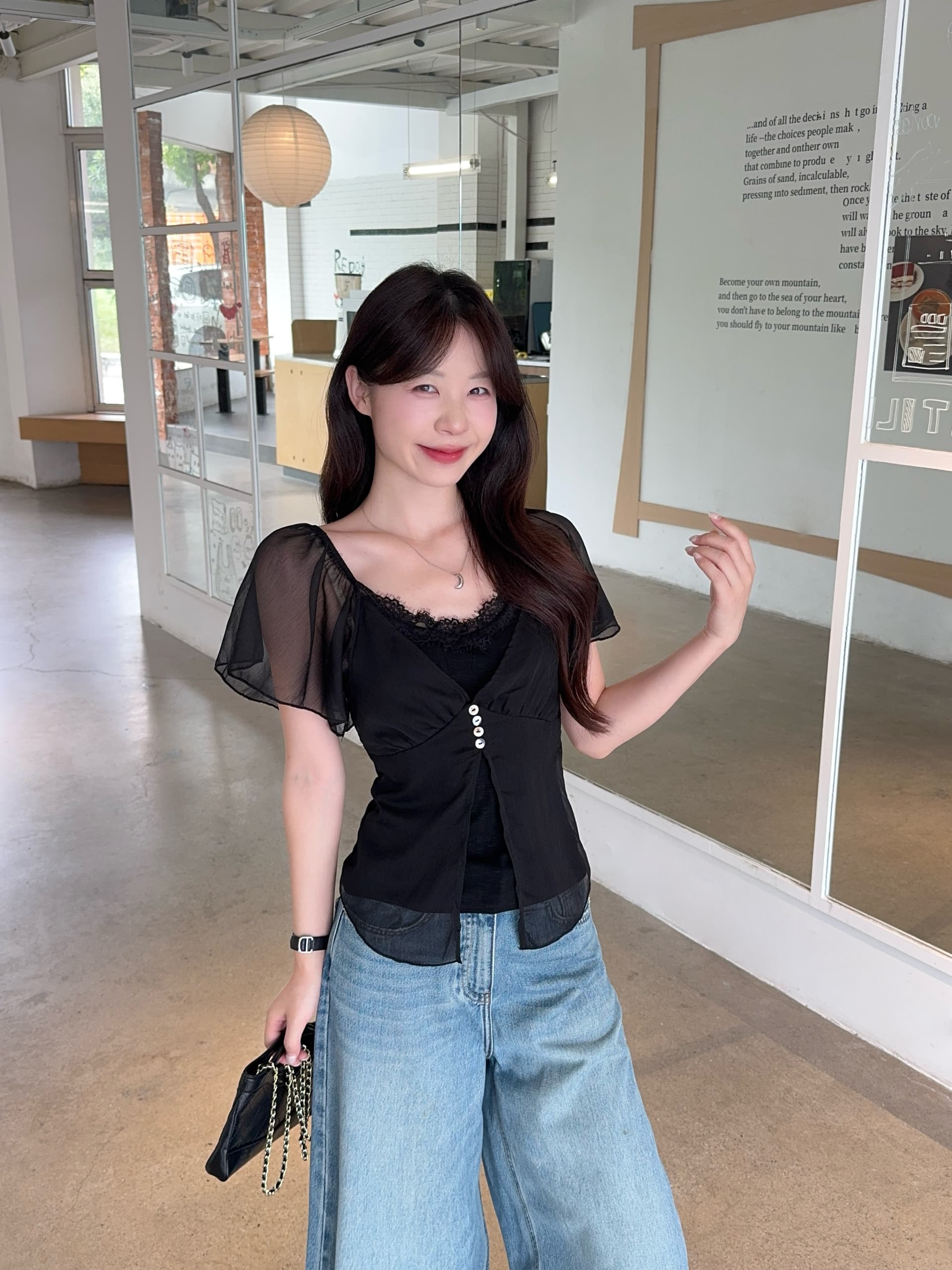 실사 빅 사이즈 여름 프랑스식 부드러운 분위기 센스 페이크 레이어드 레이스 망사 패치워크 작은 셔츠 몸매 가꾸기 맨위 상세 이미지 9