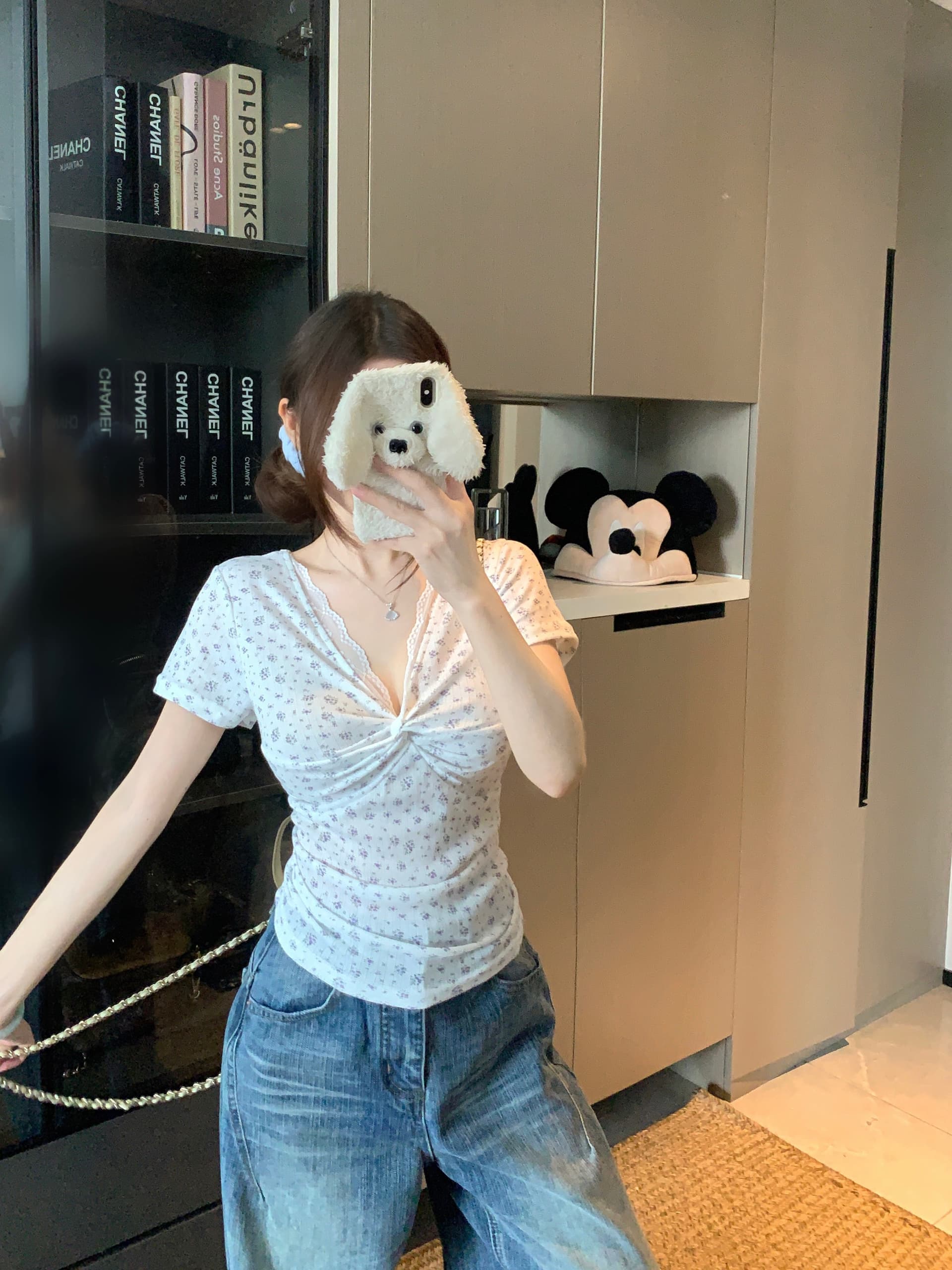 실사 빅 사이즈 지방 mm 한 부서 부드러운 바람 V넥 레이스 꽃무늬 반팔 비틀림 페이크 레이어드 맨위 상세 이미지 6