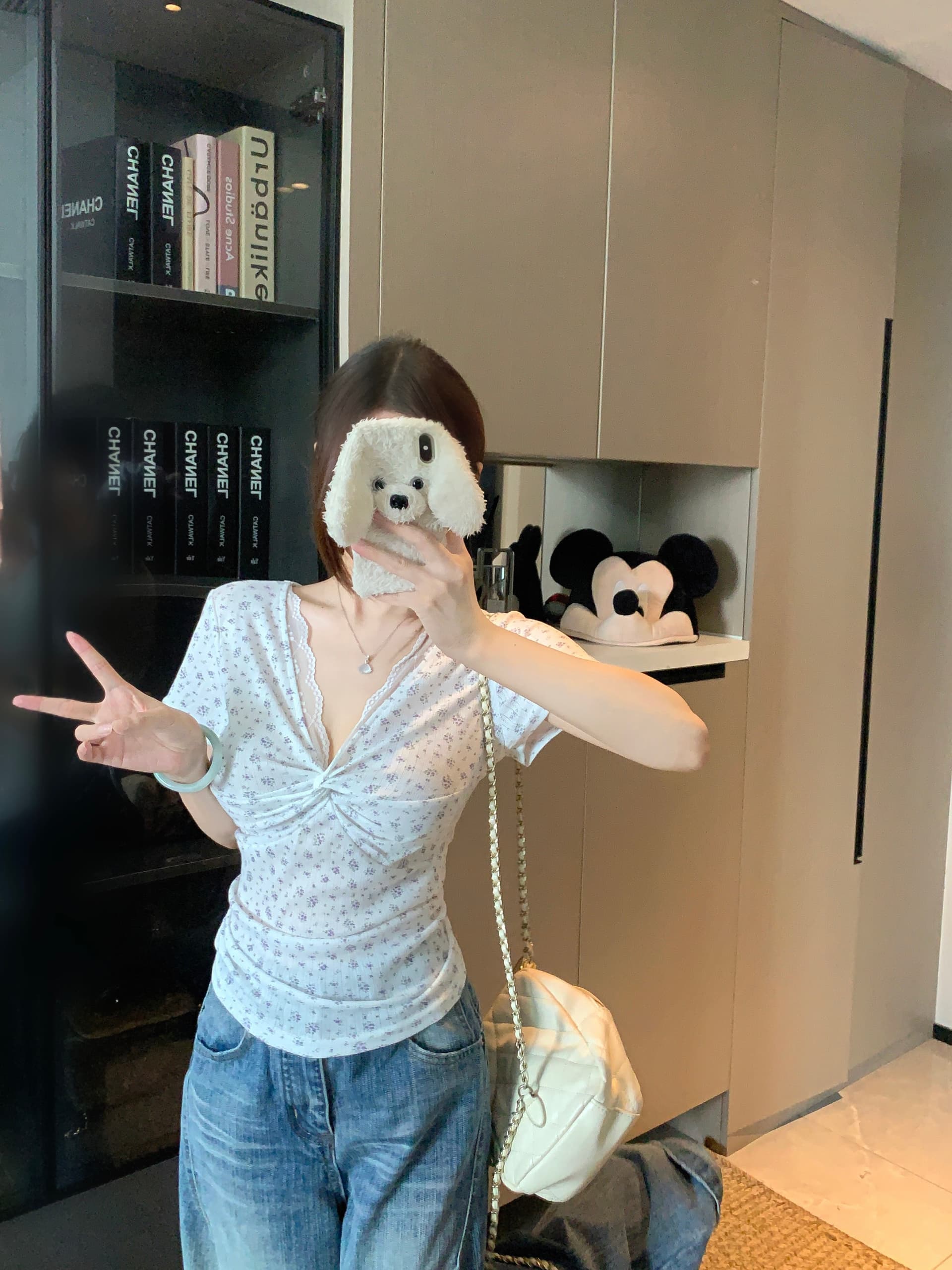 실사 빅 사이즈 지방 mm 한 부서 부드러운 바람 V넥 레이스 꽃무늬 반팔 비틀림 페이크 레이어드 맨위 상세 이미지 7