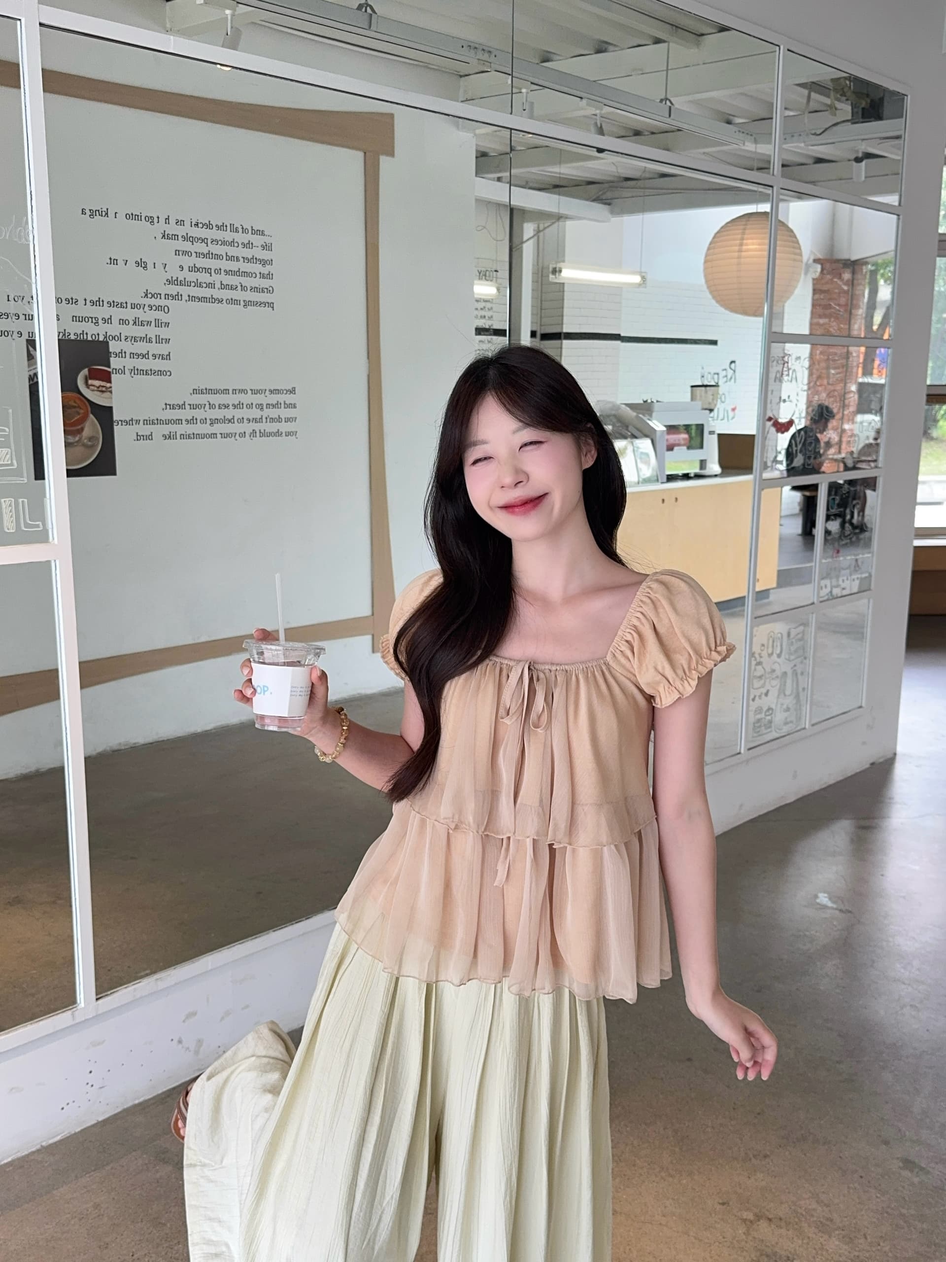 실사 빅 사이즈 여름 새로운 한 부서 달콤한 스타일 거품 소매 프릴 셔츠 루즈핏 슬림해 보이는 맨위 상세 이미지 4