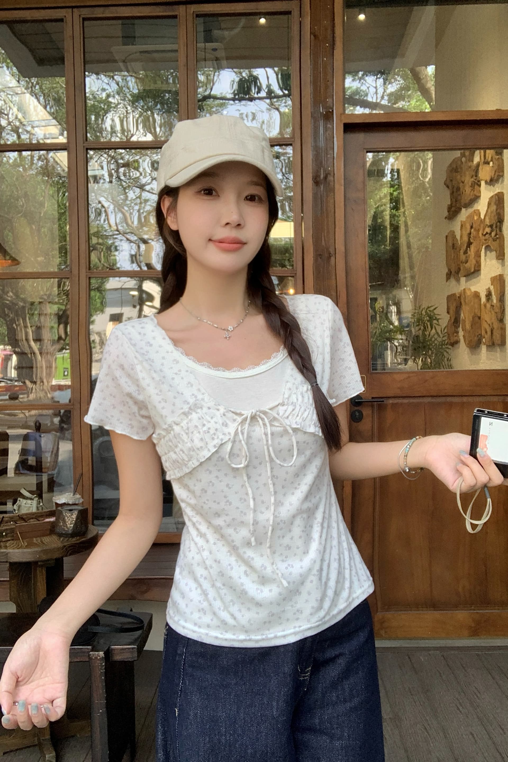 실사 빅 사이즈 통통한 여동생 여름 새로운 한 부서 달콤한 스타일 꽃무늬 레이스 레이스업 페이크 레이어드 반팔 티셔츠 이미지 6