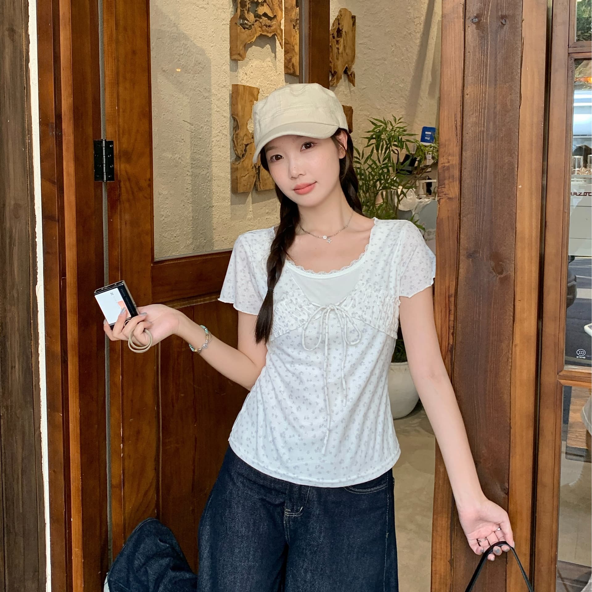 실사 빅 사이즈 통통한 여동생 여름 새로운 한 부서 달콤한 스타일 꽃무늬 레이스 레이스업 페이크 레이어드 반팔 티셔츠 이미지 5