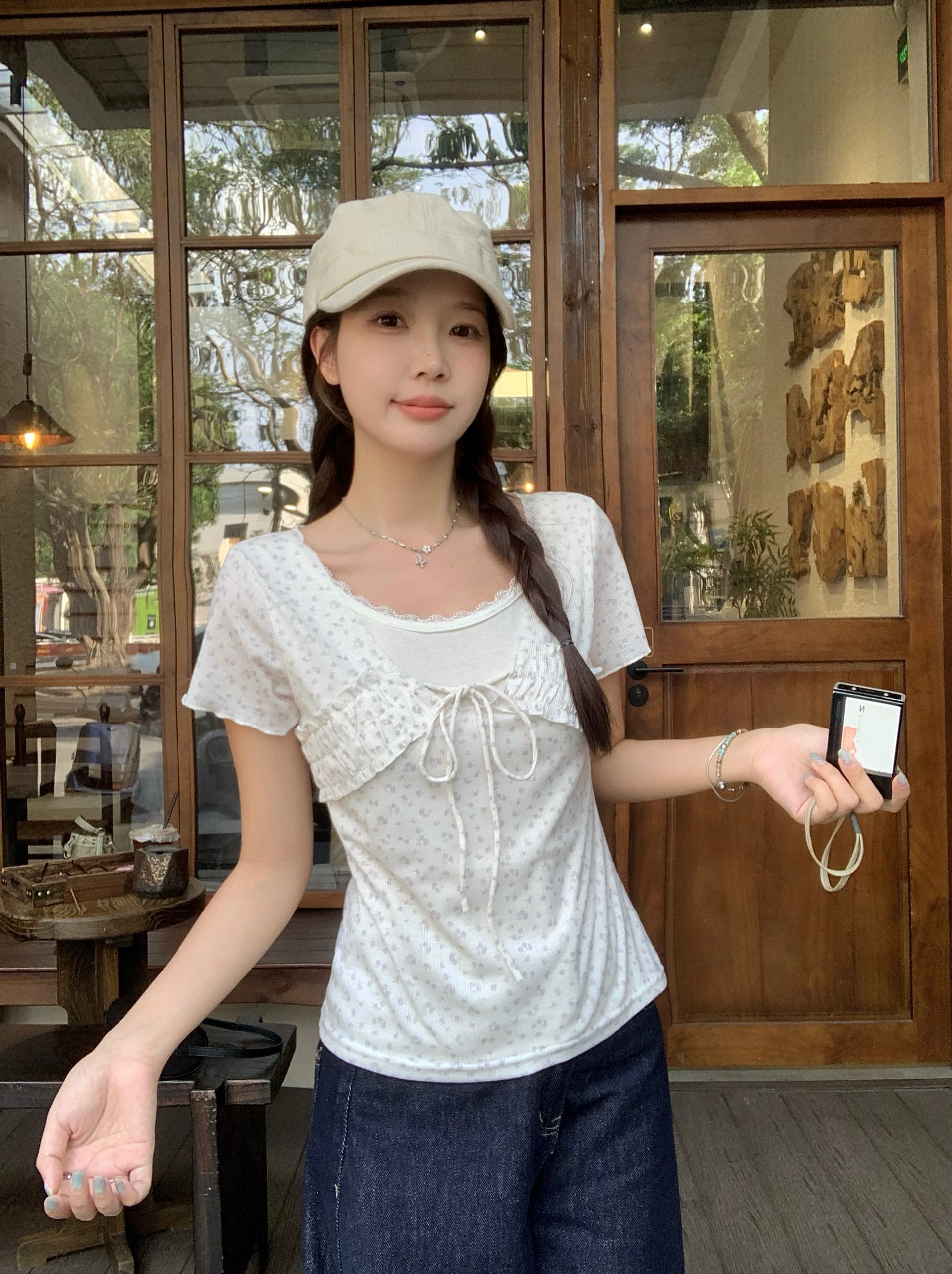 실사 빅 사이즈 통통한 여동생 여름 새로운 한 부서 달콤한 스타일 꽃무늬 레이스 레이스업 페이크 레이어드 반팔 티셔츠 상세 이미지 2