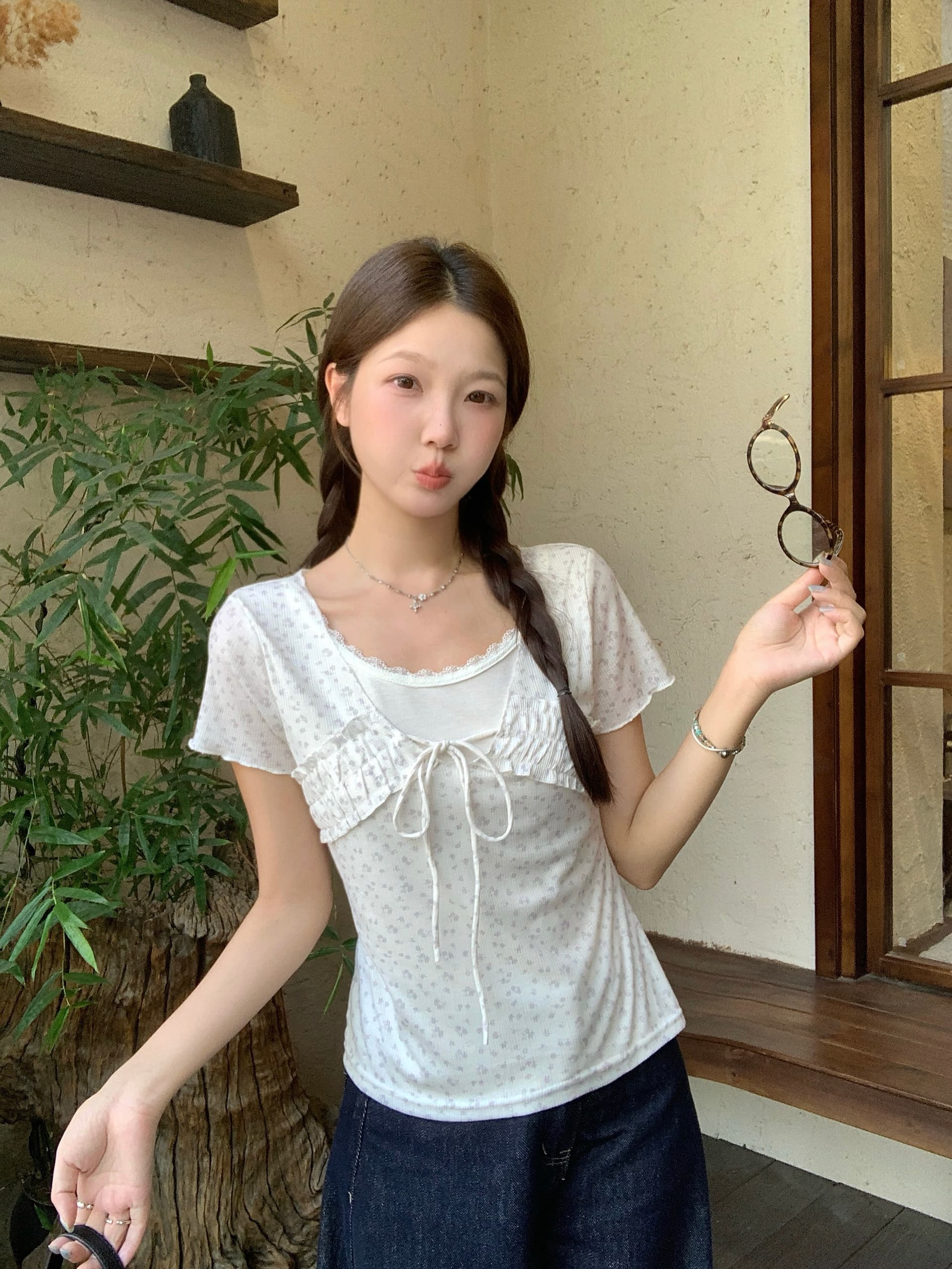 실사 빅 사이즈 통통한 여동생 여름 새로운 한 부서 달콤한 스타일 꽃무늬 레이스 레이스업 페이크 레이어드 반팔 티셔츠 상세 이미지 3