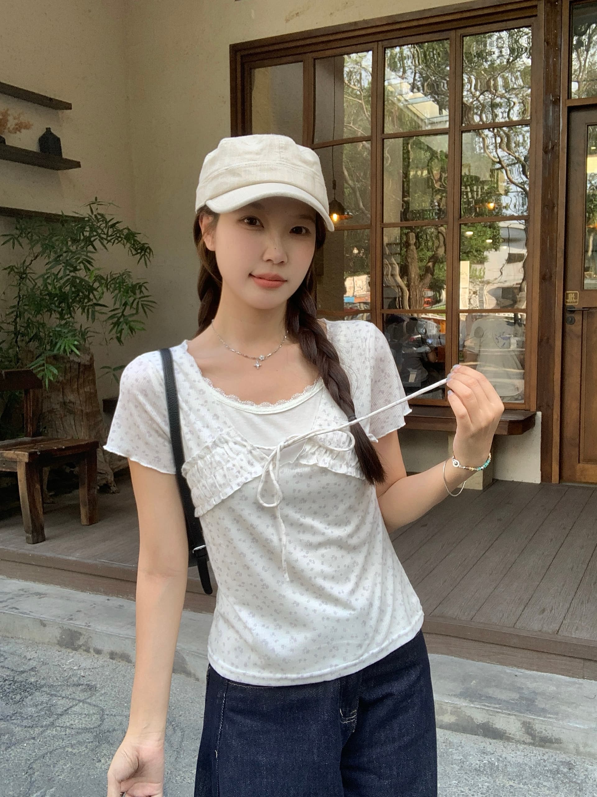실사 빅 사이즈 통통한 여동생 여름 새로운 한 부서 달콤한 스타일 꽃무늬 레이스 레이스업 페이크 레이어드 반팔 티셔츠 상세 이미지 8