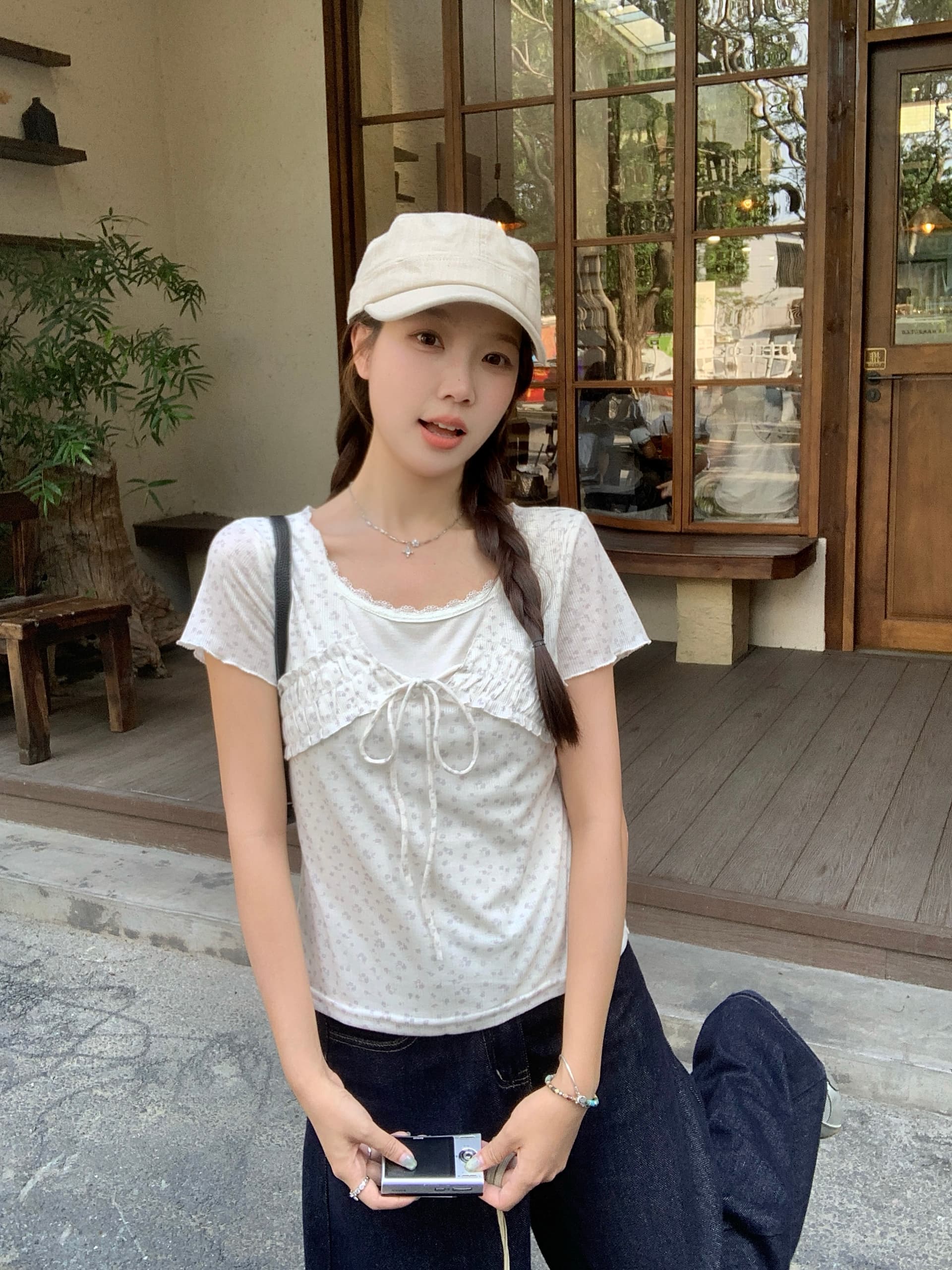 실사 빅 사이즈 통통한 여동생 여름 새로운 한 부서 달콤한 스타일 꽃무늬 레이스 레이스업 페이크 레이어드 반팔 티셔츠 상세 이미지 9
