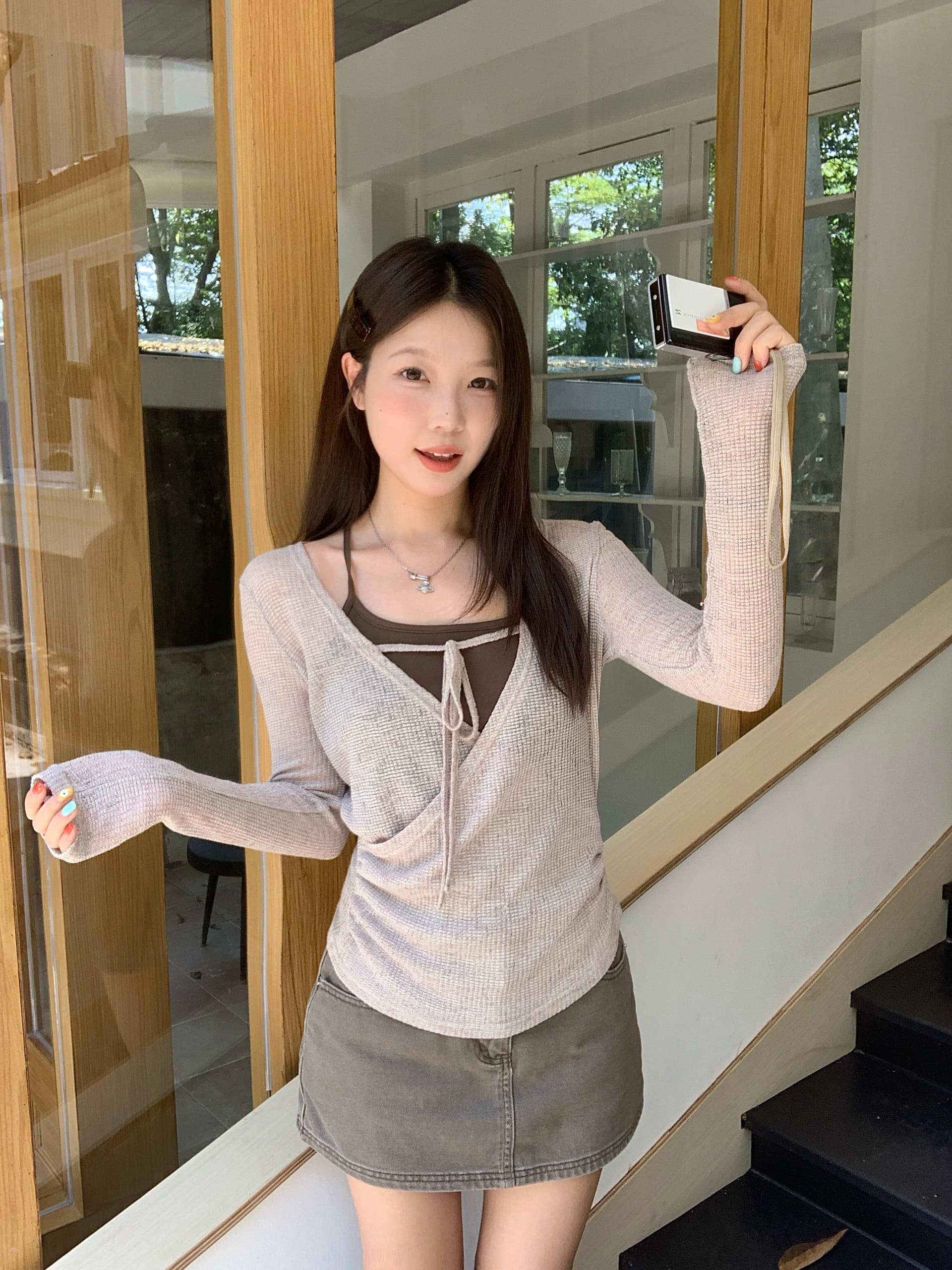 실사 빅 사이즈 2026 이른 가을 새로운 한 부서 캐주얼 V넥 스트랩 긴팔 블라우스 행침 목 슬립 투피스 세트 상세 이미지 4