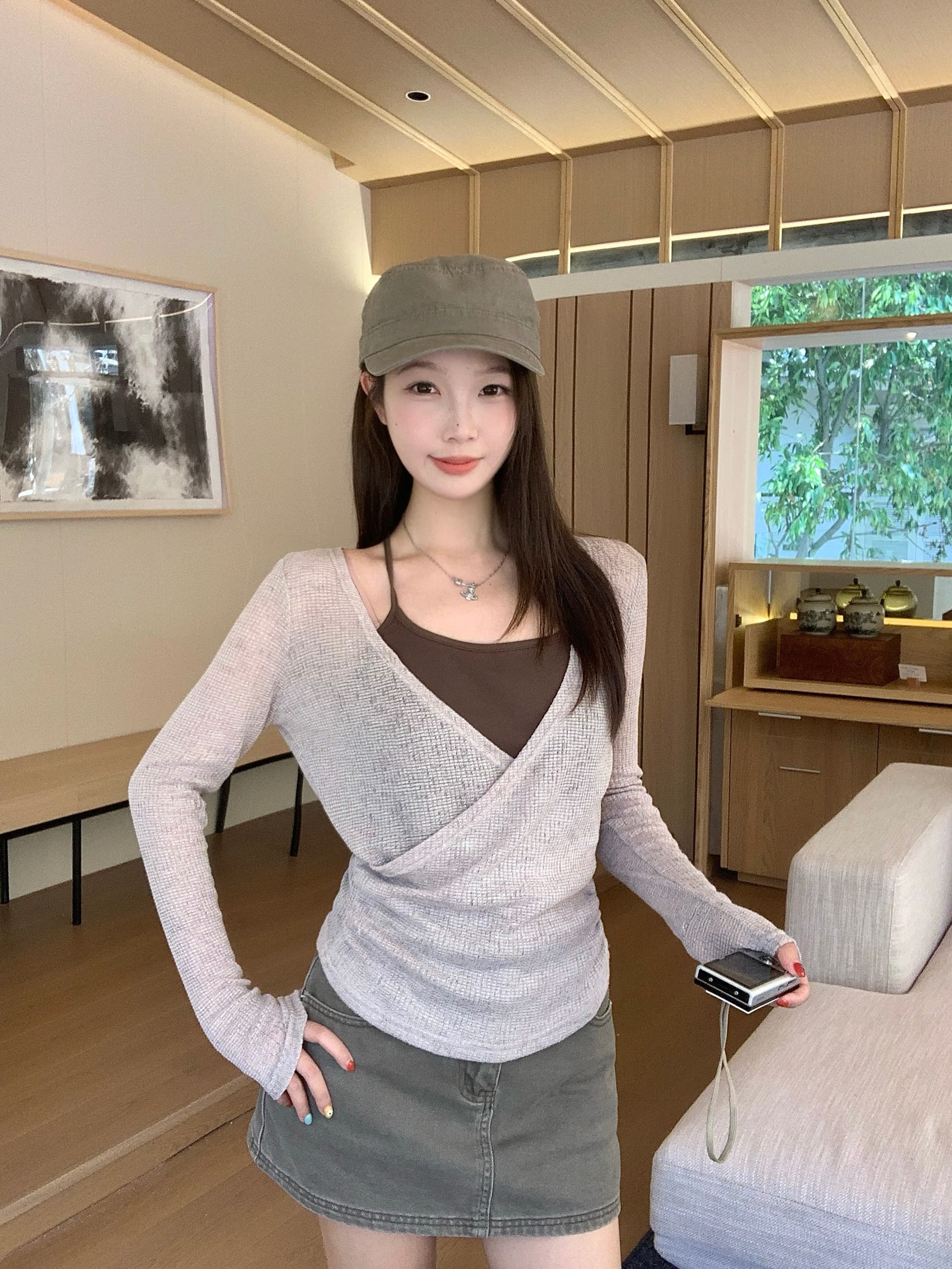 실사 빅 사이즈 2026 이른 가을 새로운 한 부서 캐주얼 V넥 스트랩 긴팔 블라우스 행침 목 슬립 투피스 세트 상세 이미지 8