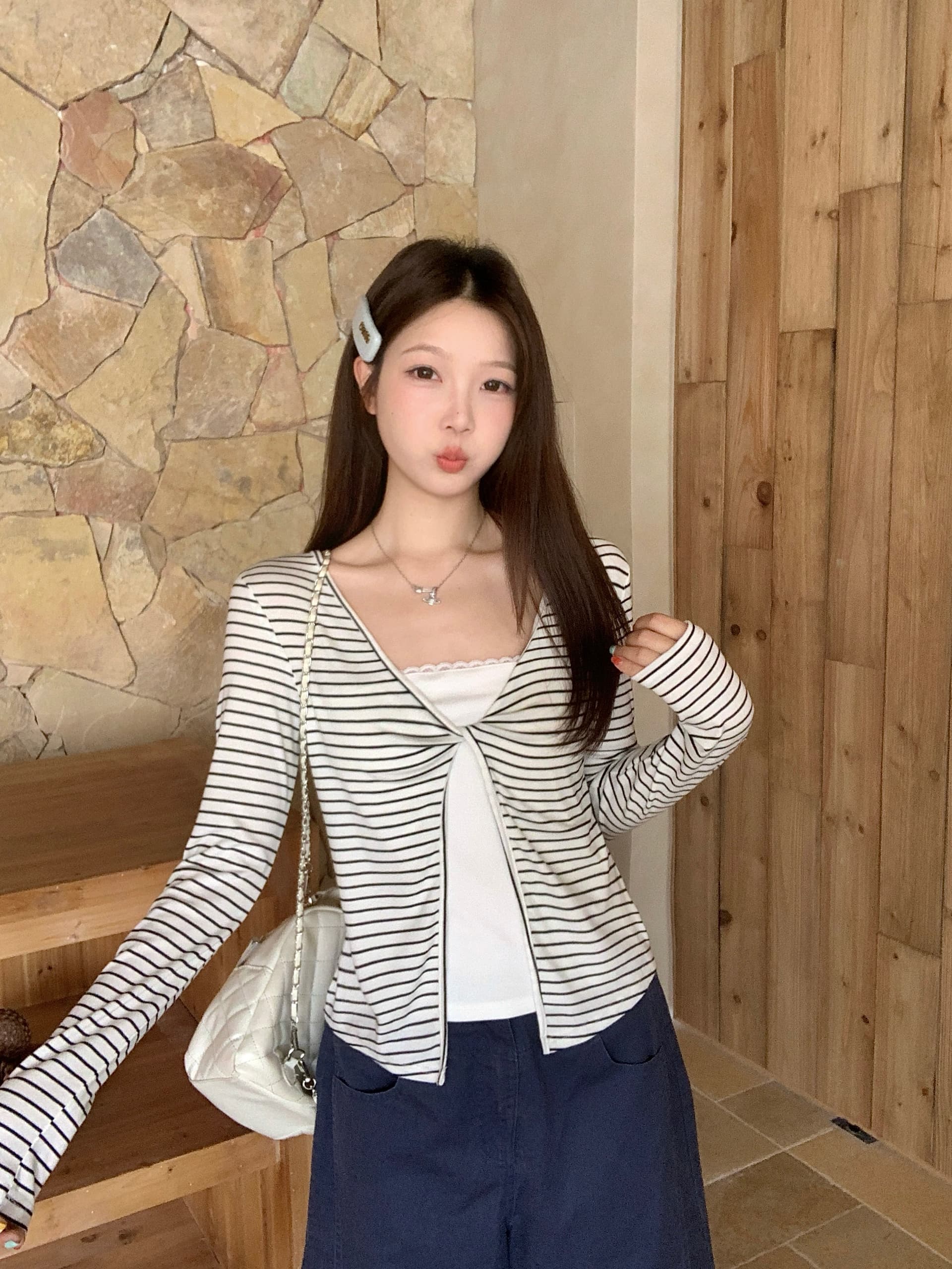 실사 빅 사이즈 가을 새로운 한 부서 스트라이프 페이크 레이어드 긴팔 티셔츠 몸매 가꾸기 슬림해 보이는 다용도 맨위 상세 이미지 6