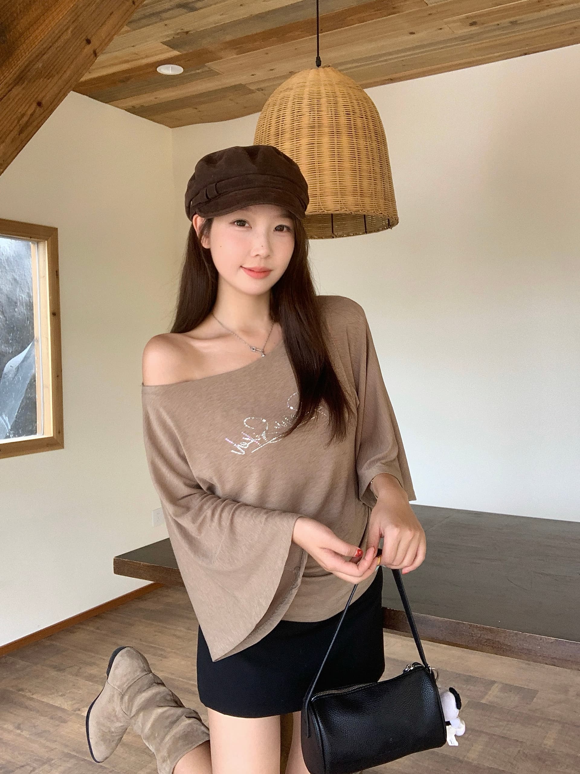 실사 빅 사이즈 이른 가을 새로운 아메리칸 레트로 핫걸 오프숄더 허리 수축 핫픽스 티셔츠 허리 수축 슬림해 보이는 맨위 이미지 3