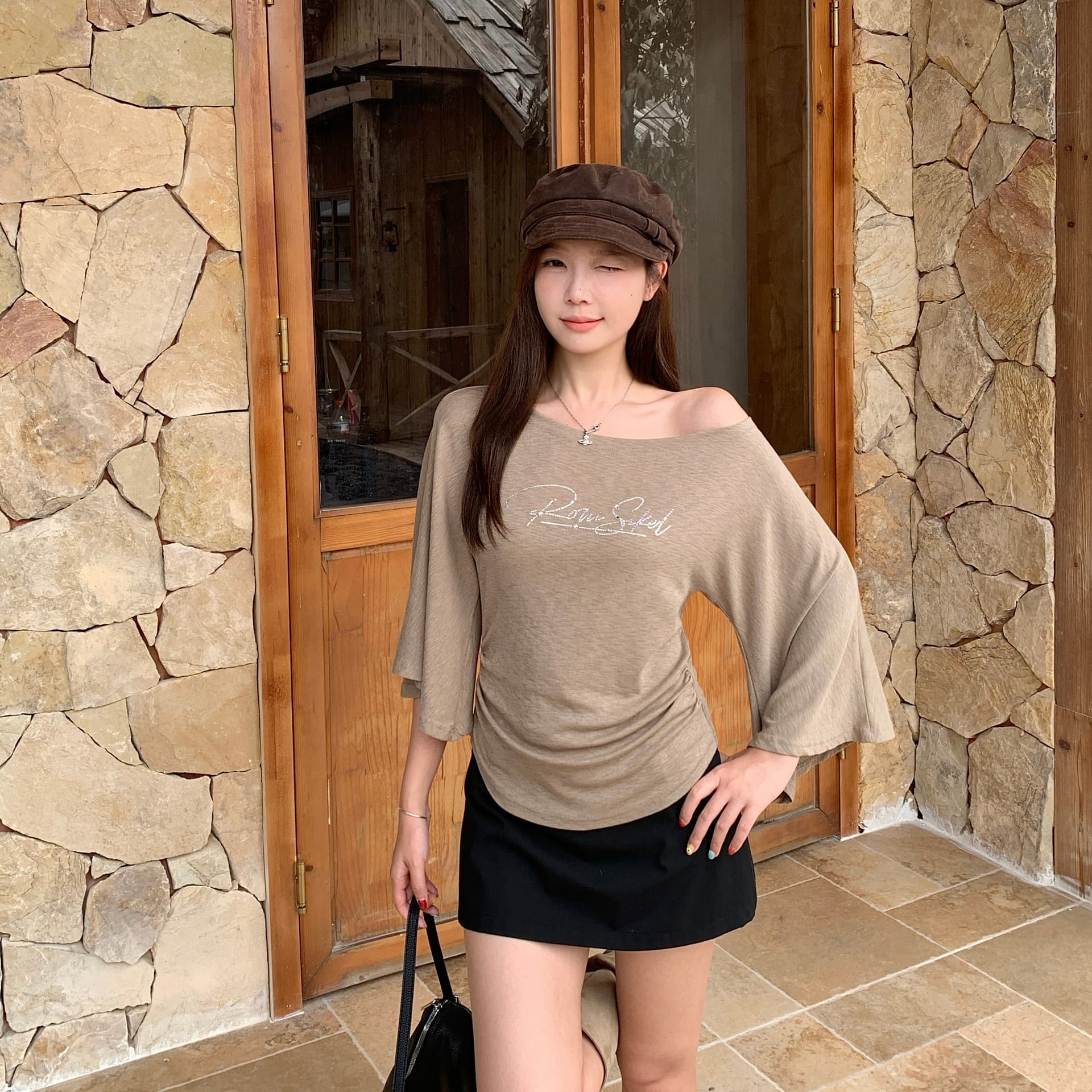 실사 빅 사이즈 이른 가을 새로운 아메리칸 레트로 핫걸 오프숄더 허리 수축 핫픽스 티셔츠 허리 수축 슬림해 보이는 맨위 이미지 5