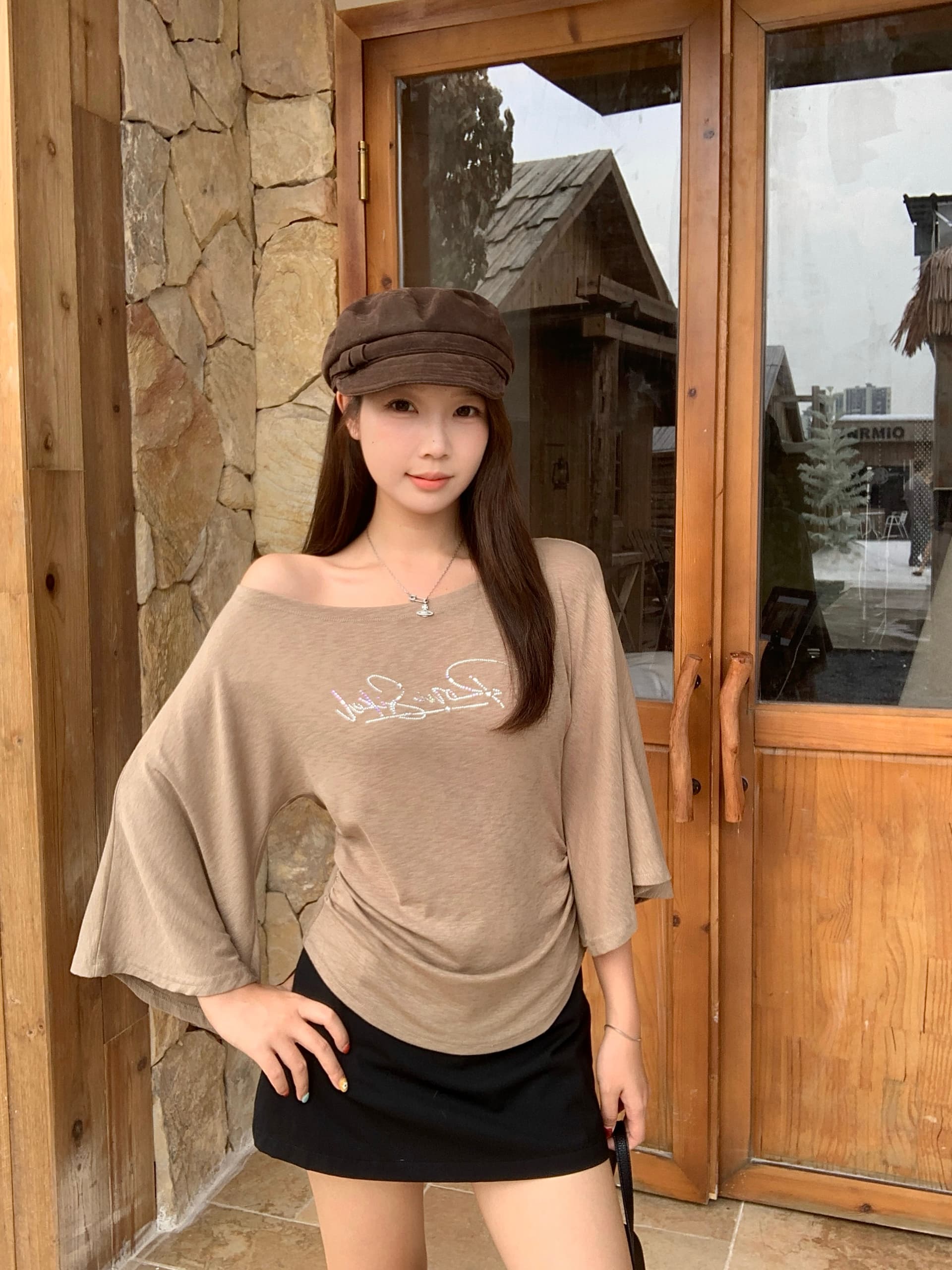 실사 빅 사이즈 이른 가을 새로운 아메리칸 레트로 핫걸 오프숄더 허리 수축 핫픽스 티셔츠 허리 수축 슬림해 보이는 맨위 상세 이미지 4