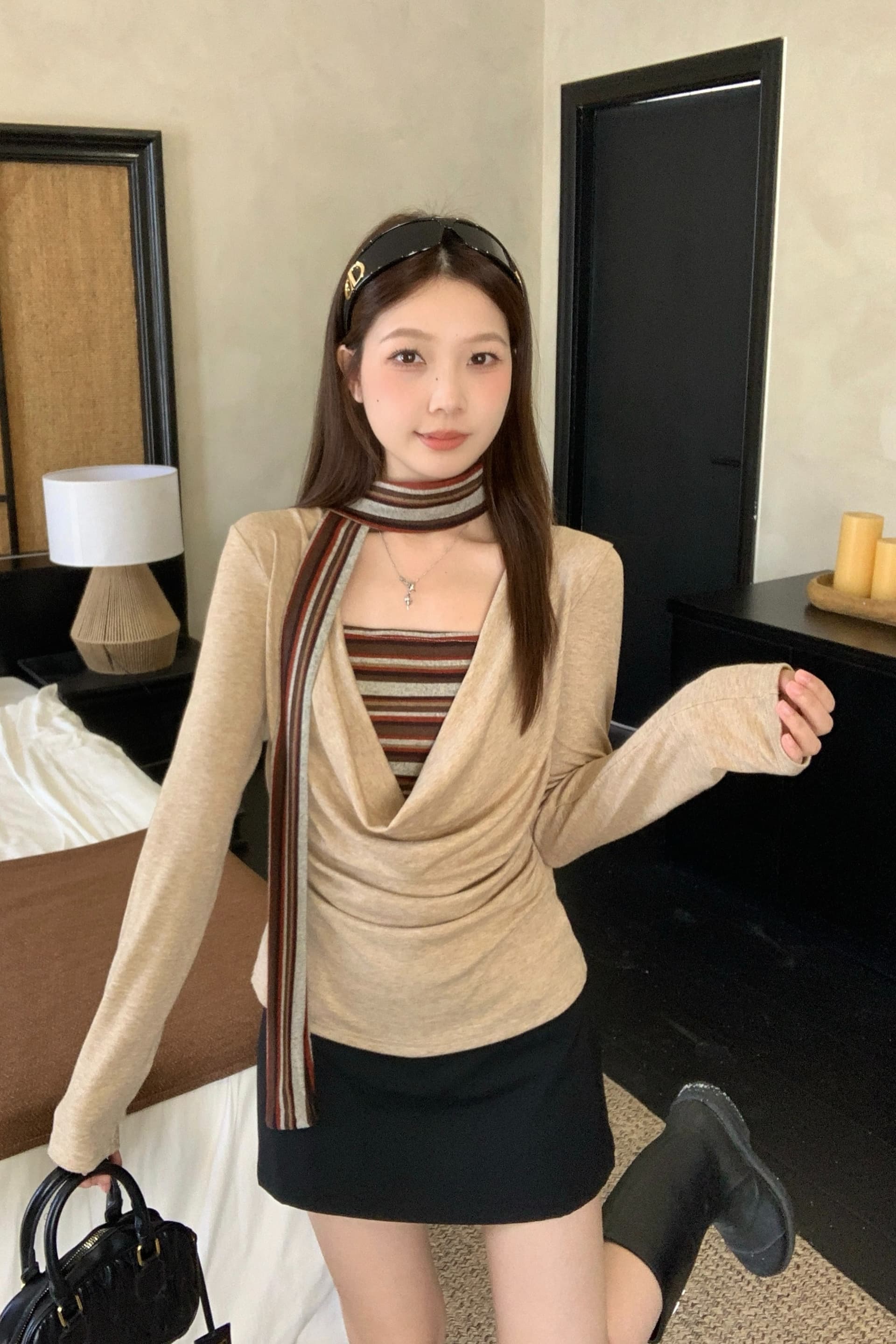 실사 빅 사이즈 여성 의류 가을 겨울 새로운 레트로 스트라이프 배색 페이크 레이어드 흔들다 칼라 리본 몸매 가꾸기 슬림해 보이는 맨위 이미지 6