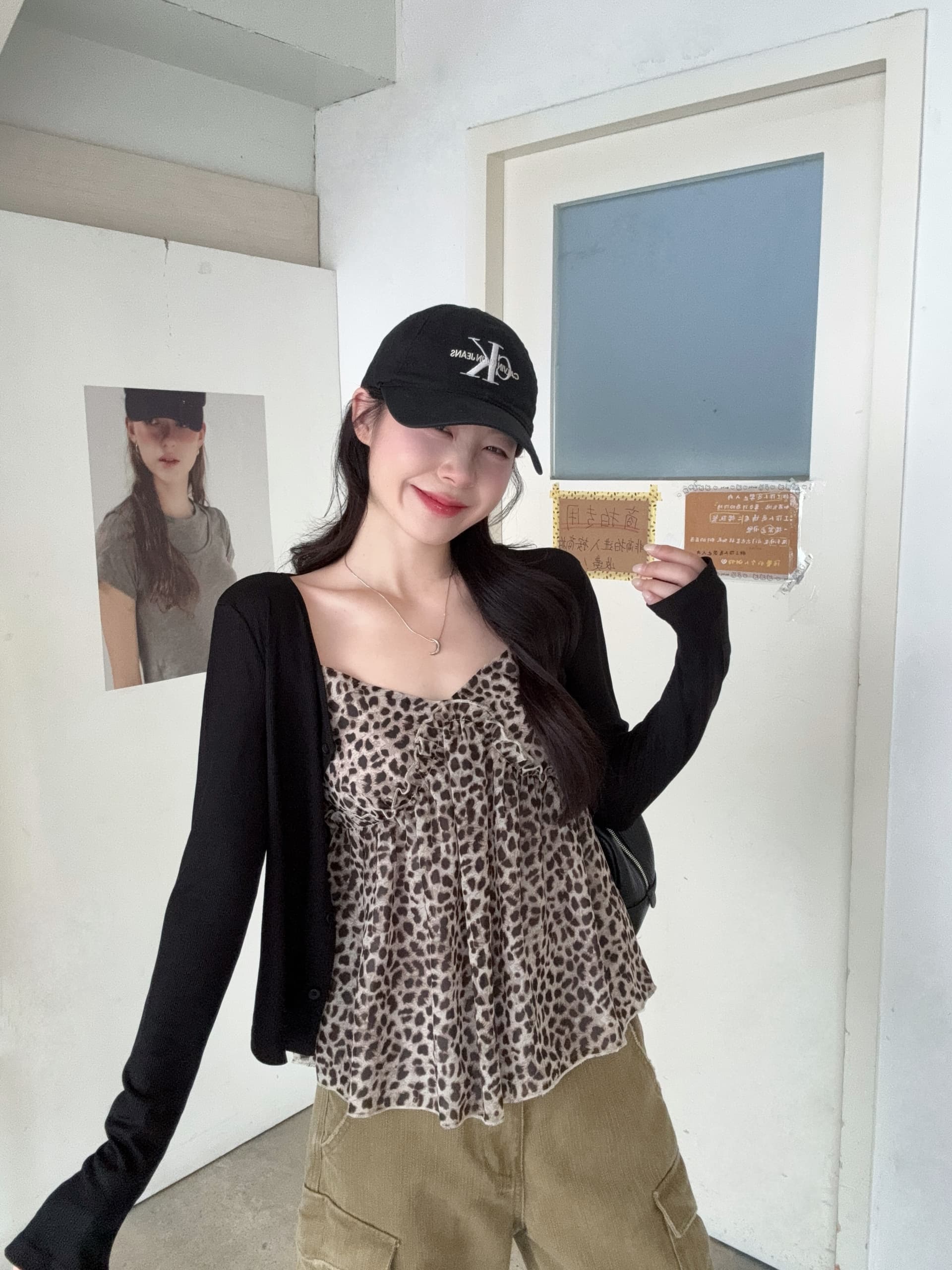 실사 빅 사이즈 지방 mm 이른 가을 새로운 순수한 욕망 핫걸 레오파드 무늬 V넥 캐미솔 다용도 오픈 가디건 세트