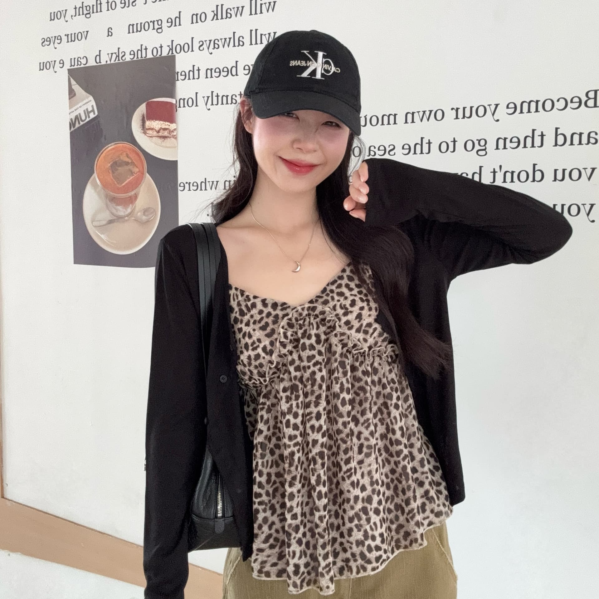 실사 빅 사이즈 지방 mm 이른 가을 새로운 순수한 욕망 핫걸 레오파드 무늬 V넥 캐미솔 다용도 오픈 가디건 세트 이미지 5
