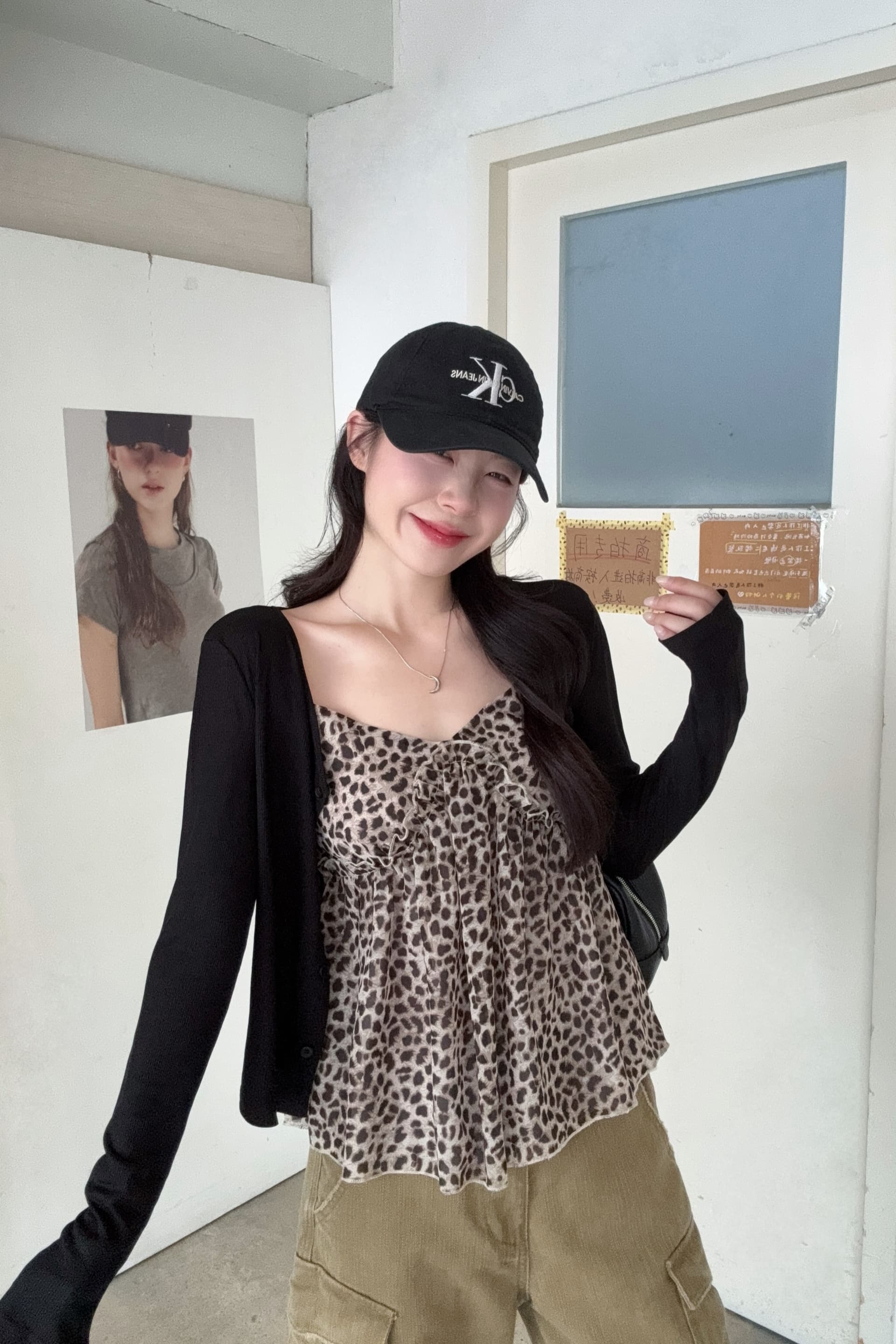 실사 빅 사이즈 지방 mm 이른 가을 새로운 순수한 욕망 핫걸 레오파드 무늬 V넥 캐미솔 다용도 오픈 가디건 세트 이미지 6