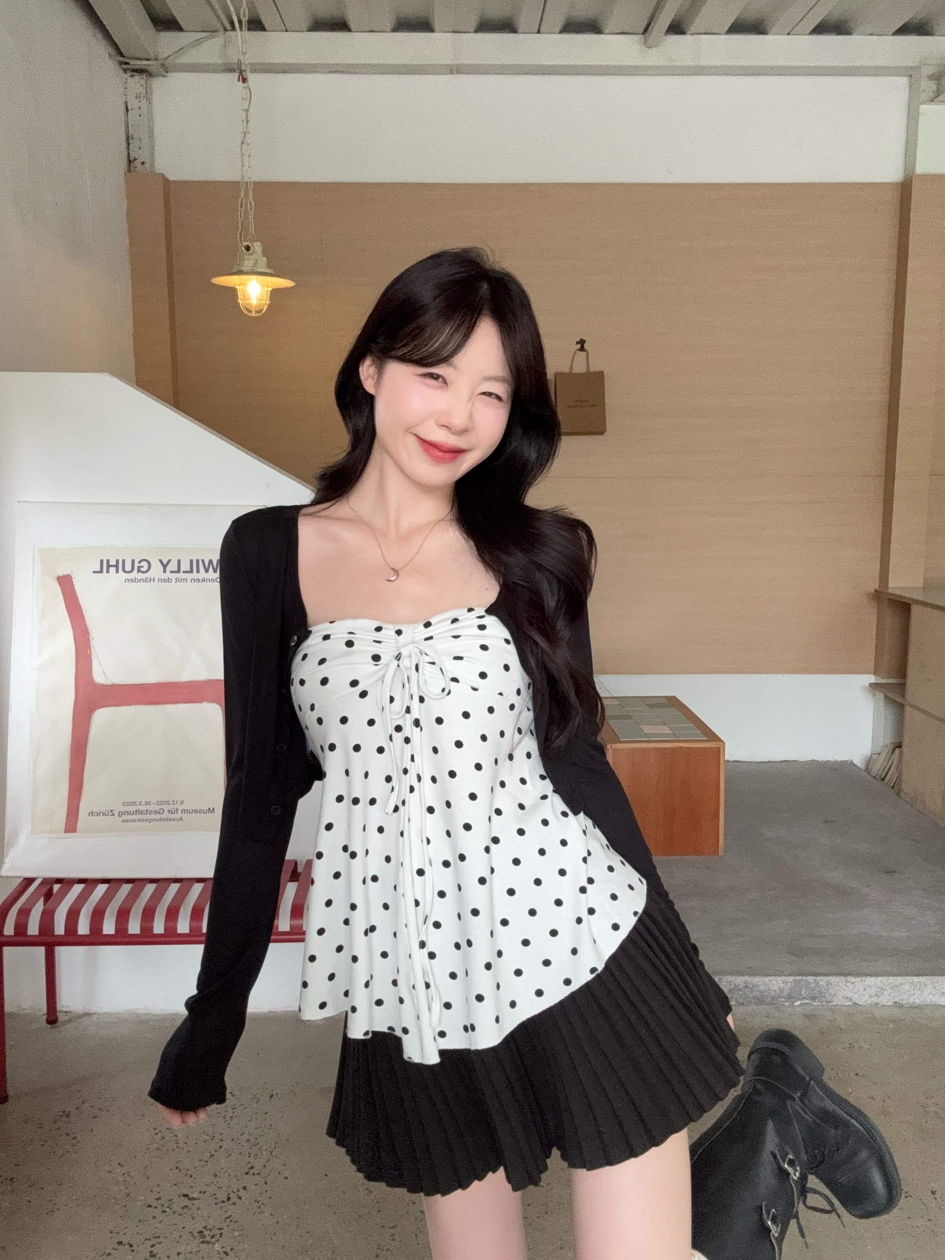 실사 빅 사이즈 통통한 여동생 한 부서 순수한 욕망 바람 도트 무늬 튜브탑 몸매 가꾸기 슬림해 보이는 오픈 가디건 아름다운 투피스 세트 상세 이미지 4
