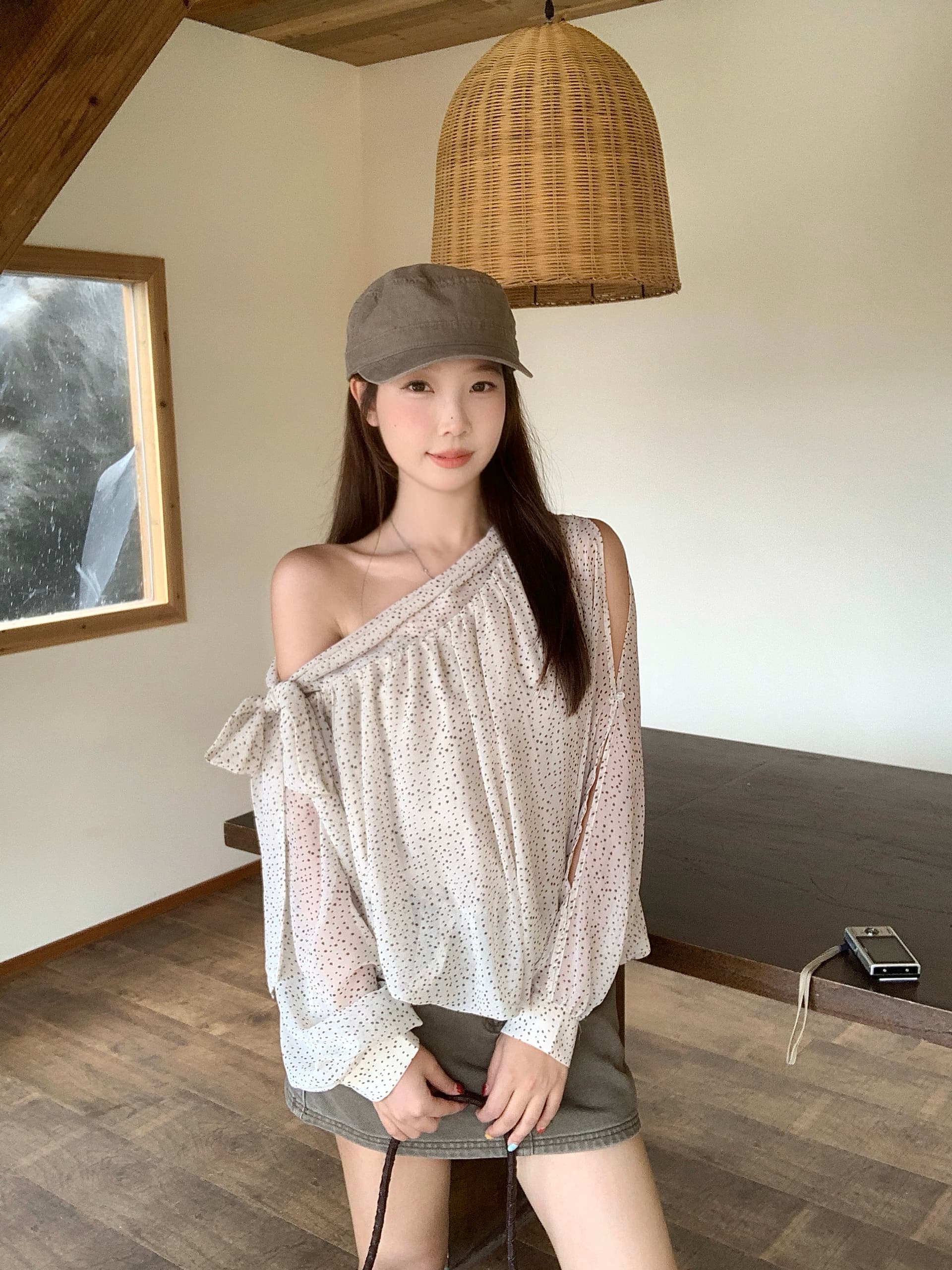 실사 빅 사이즈 지방 mm 가을 새로운 한 부서 도트 무늬 비스듬한 어깨 레이스업 긴팔 셔츠 품격 슬림해 보이는 맨위 상세 이미지 5