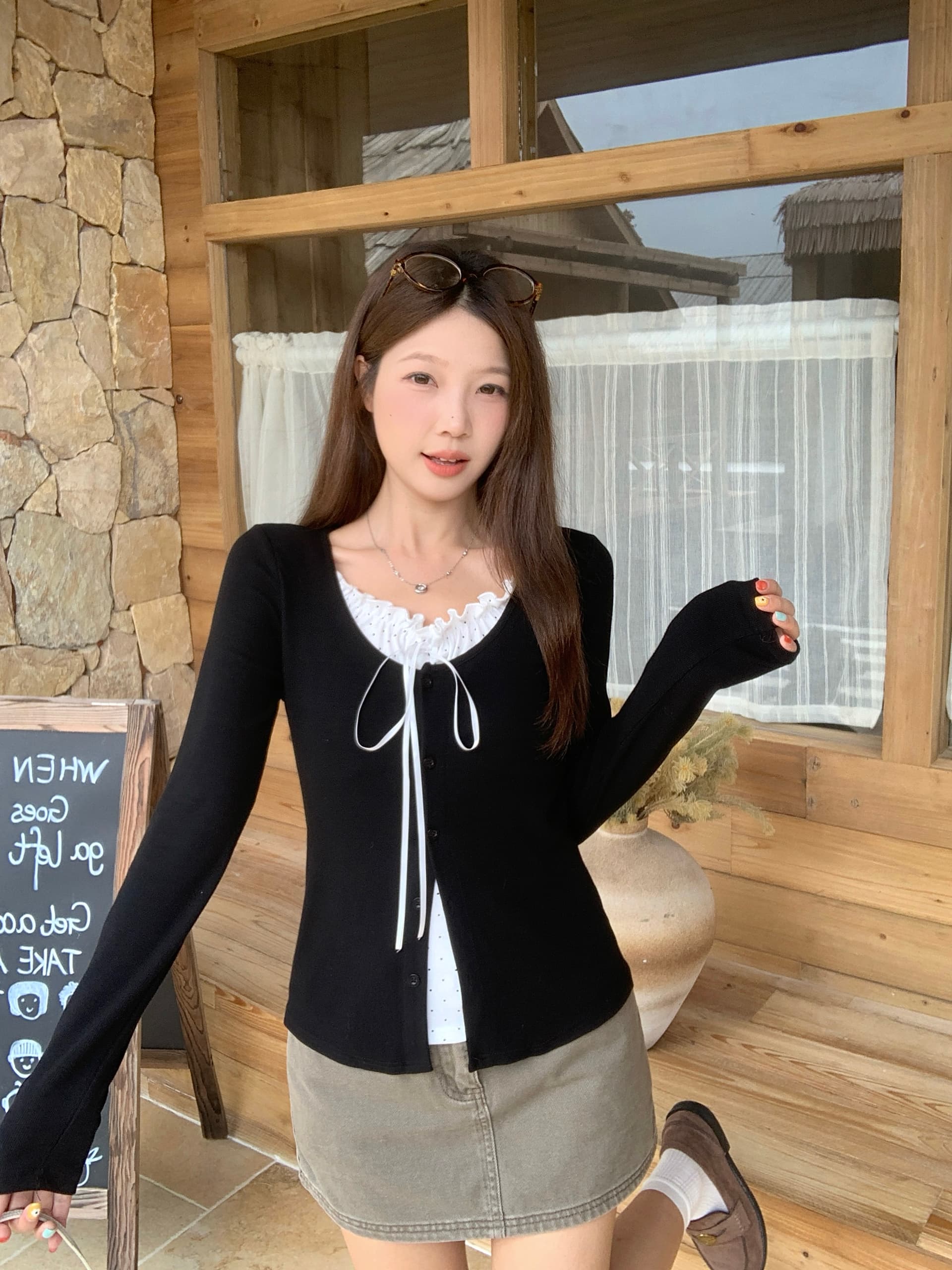 실사 빅 사이즈 가을 새로운 한 부서 도트 무늬 레이스업 페이크 레이어드 긴팔 티셔츠 몸매 가꾸기 슬림해 보이는 다용도 맨위 상세 이미지 11