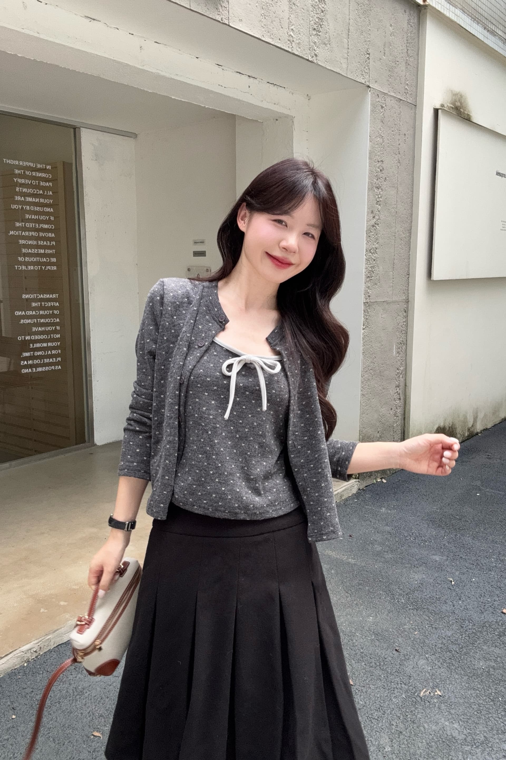 실사 빅 사이즈 가을 새로운 한 부서 미니멀리즘 꽃무늬 나비 넥타이 슬립 오픈 가디건 투피스 세트 이미지 6
