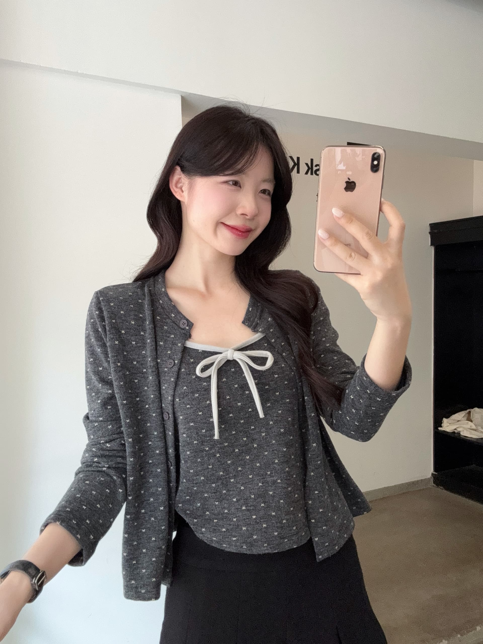 실사 빅 사이즈 가을 새로운 한 부서 미니멀리즘 꽃무늬 나비 넥타이 슬립 오픈 가디건 투피스 세트 상세 이미지 3