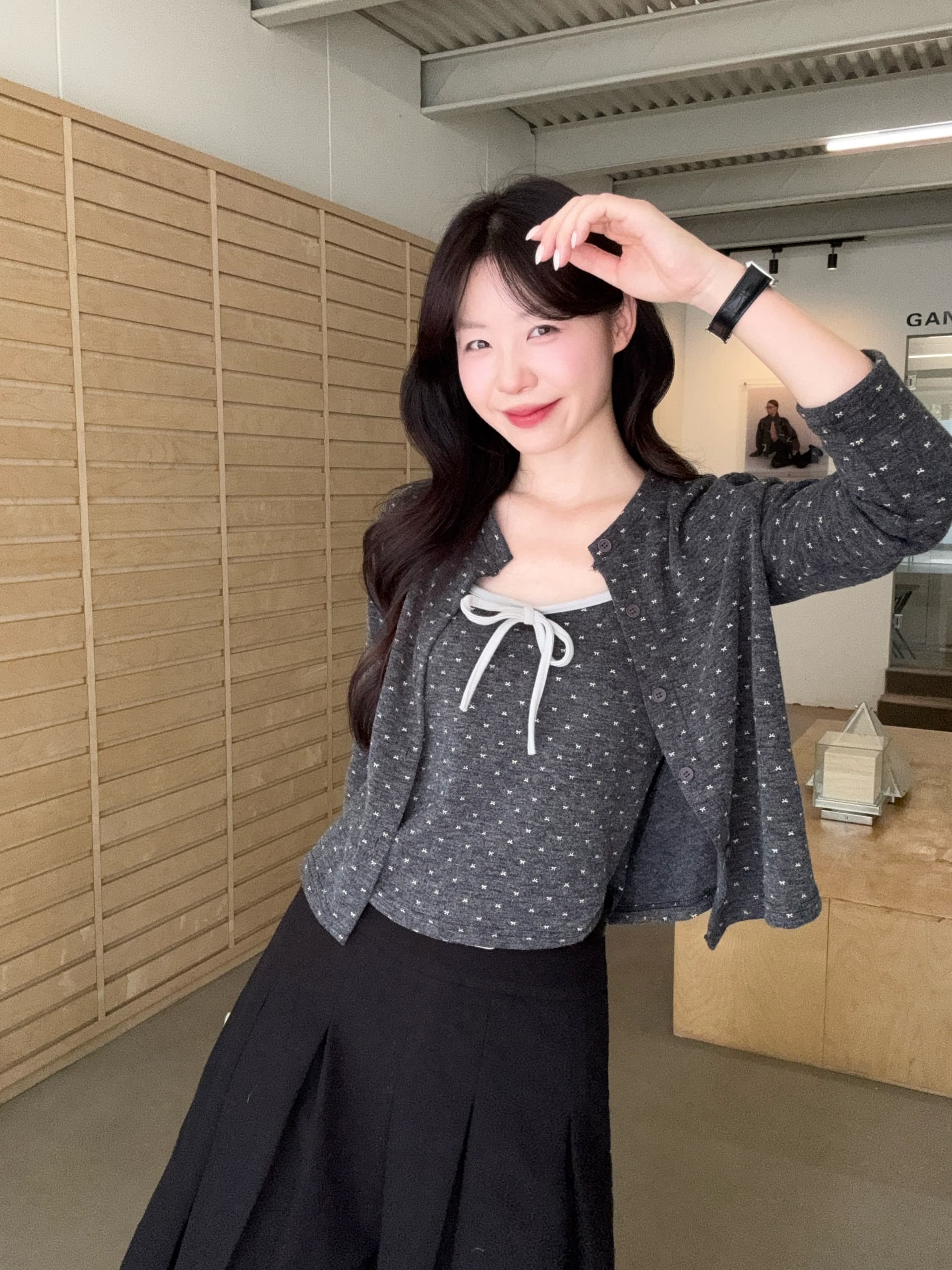 실사 빅 사이즈 가을 새로운 한 부서 미니멀리즘 꽃무늬 나비 넥타이 슬립 오픈 가디건 투피스 세트 상세 이미지 6