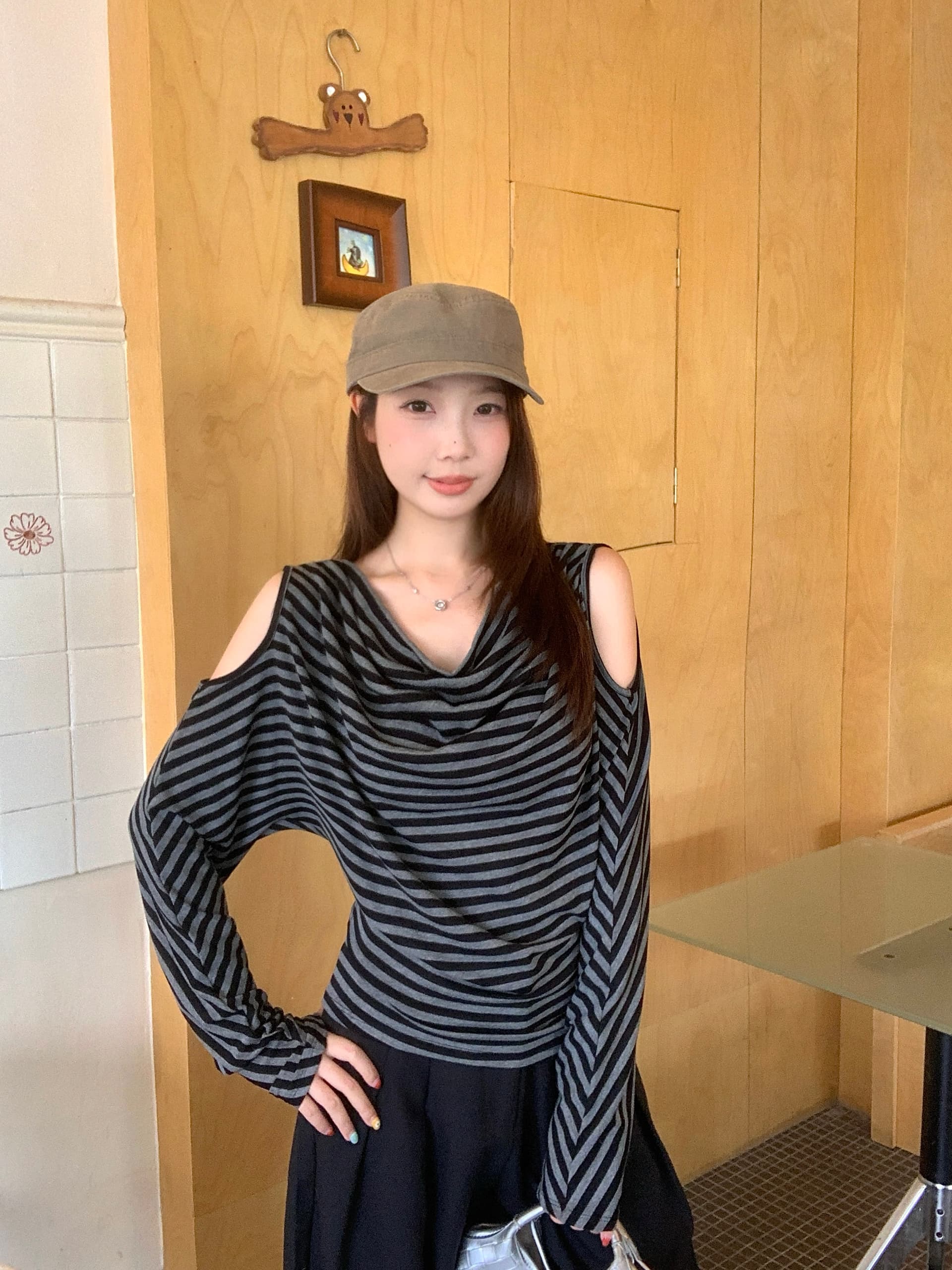 실사 빅 사이즈 가을 새로운 한 부서 느긋한 바람 흔들다 칼라 오프숄더 긴팔 티셔츠 슬림해 보이는 다용도 맨위 상세 이미지 3