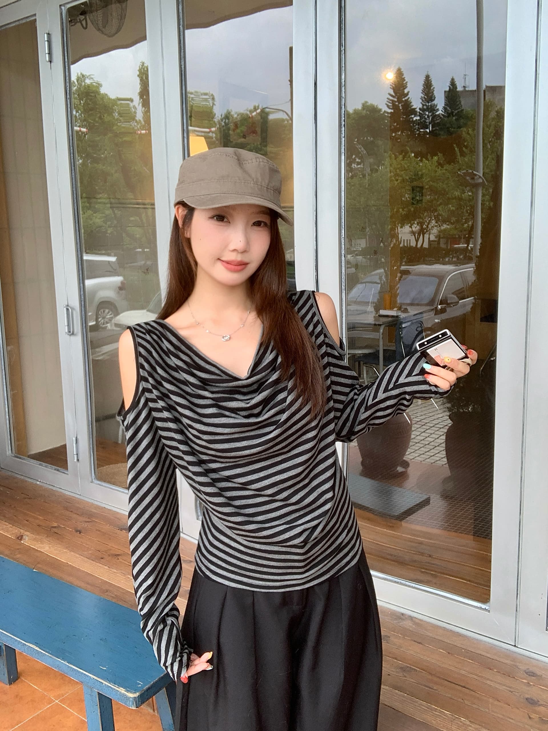 실사 빅 사이즈 가을 새로운 한 부서 느긋한 바람 흔들다 칼라 오프숄더 긴팔 티셔츠 슬림해 보이는 다용도 맨위 상세 이미지 6