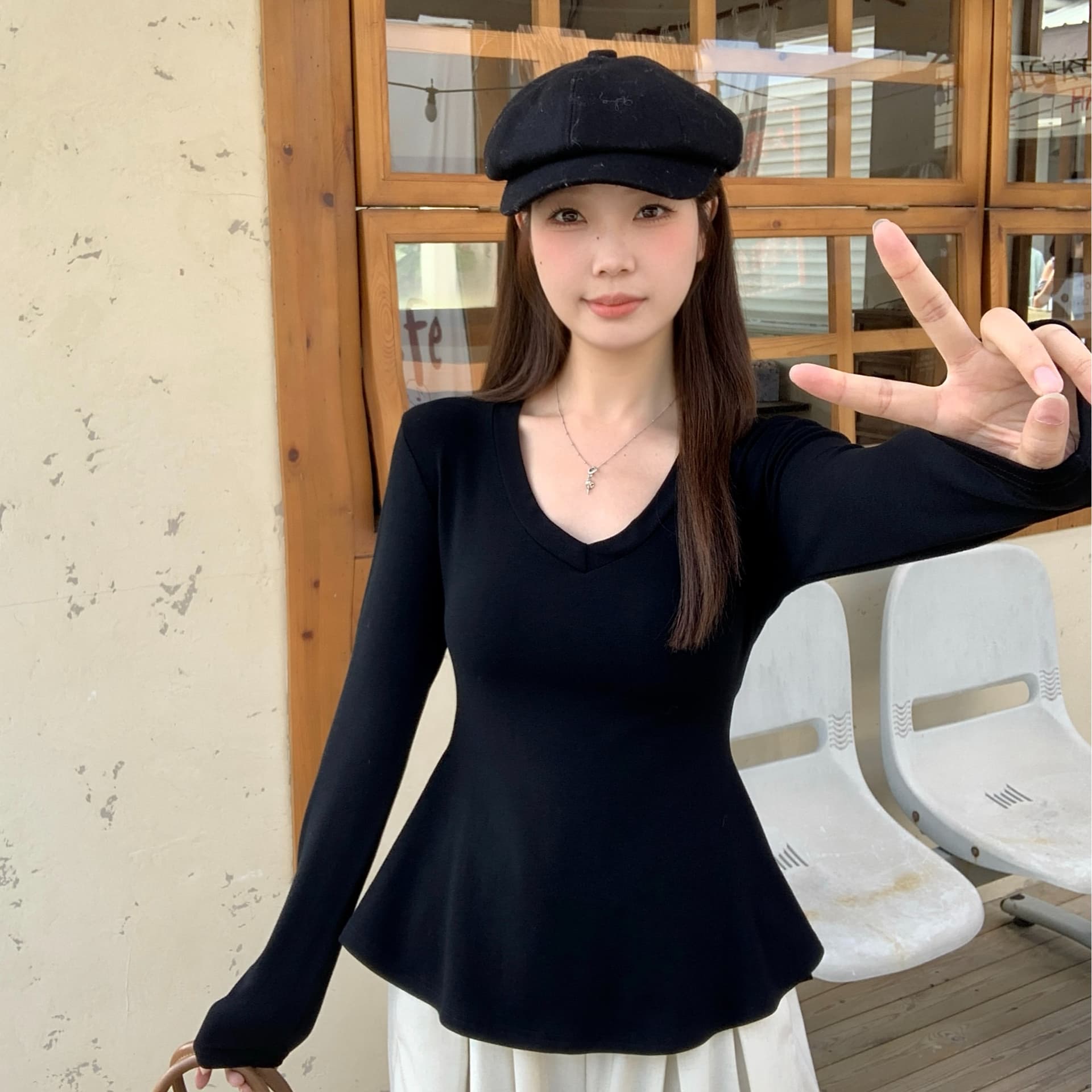 실사 빅 사이즈 지방 mm 가을 겨울 새로운 순수한 욕망 바람 핫걸 디자인 센스 V넥 꼬집기 허리 슬림해 보이는 티셔츠 기본 셔츠 이미지 5