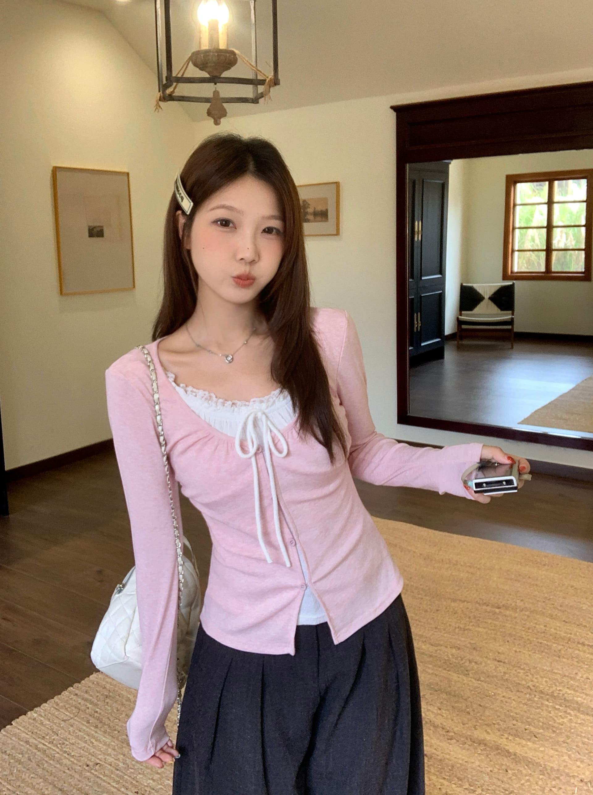 실사 빅 사이즈 여성 의류 가을 새로운 한 부서 순수한 욕망 달콤한 핫걸 주름 허리 수축 페이크 레이어드 슬림해 보이는 맨위 상세 이미지 4